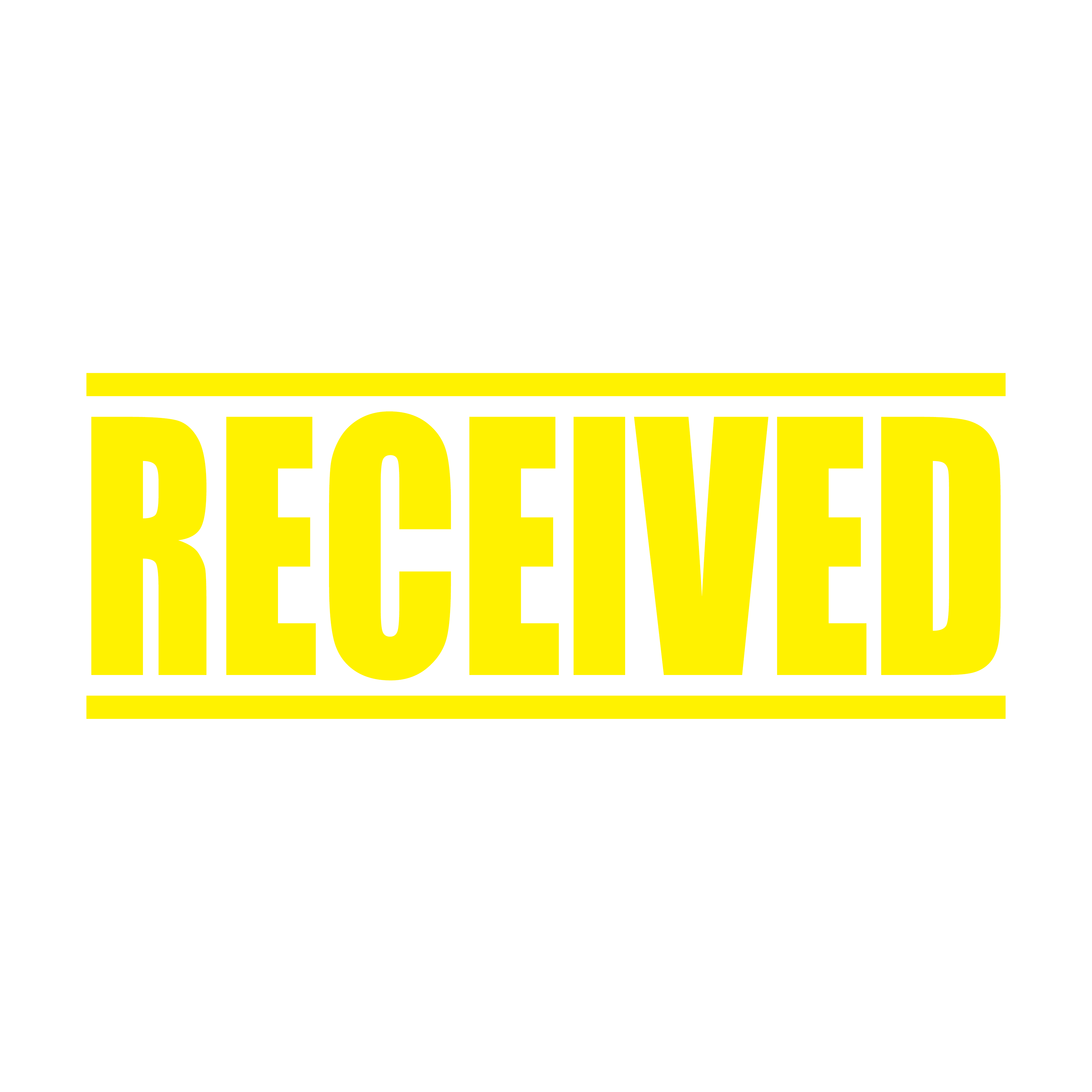 A yellow self inking rubber stamp with the word 'Received ' printed in bold capital letters in yellow ink. stampers hand stamp office business inventory documents self inking prefill refillable stamps stamping