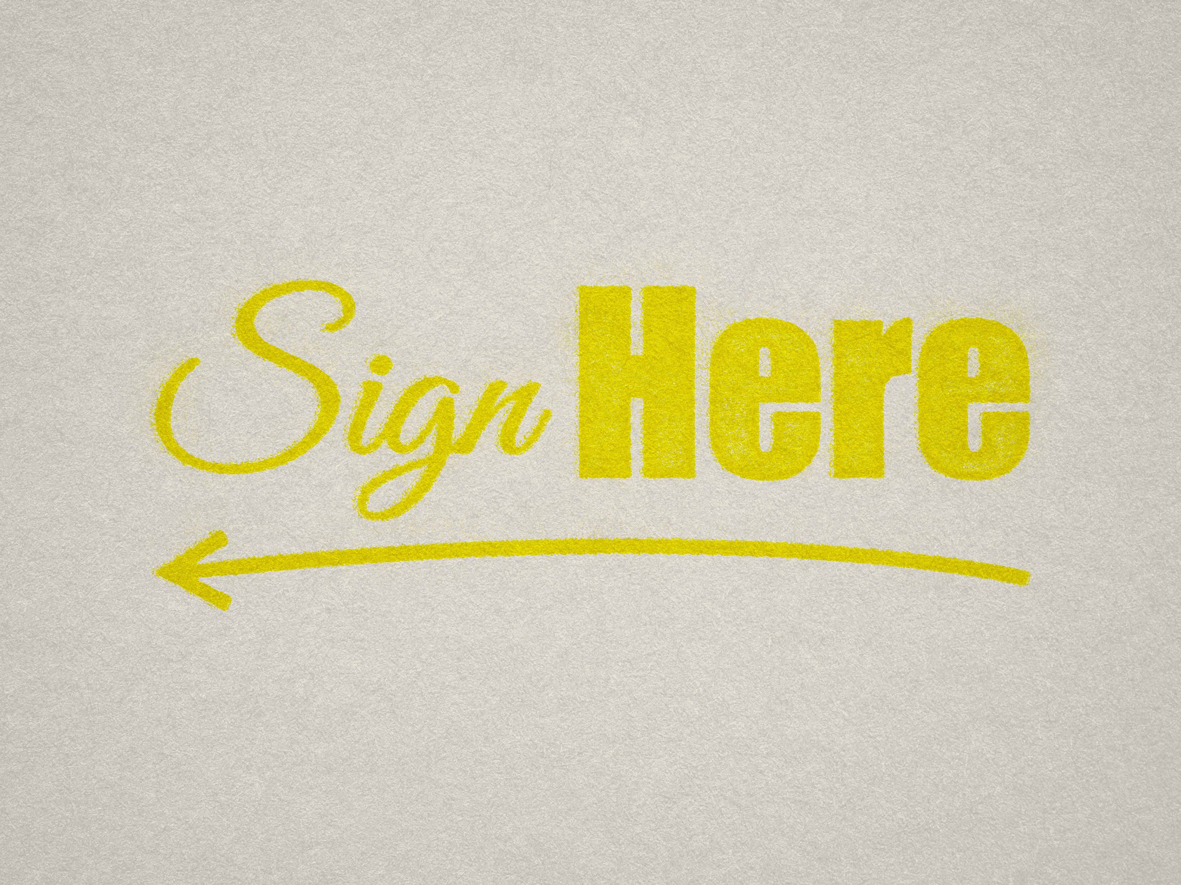 Sign Here with a arrow left stamp design yellow ink