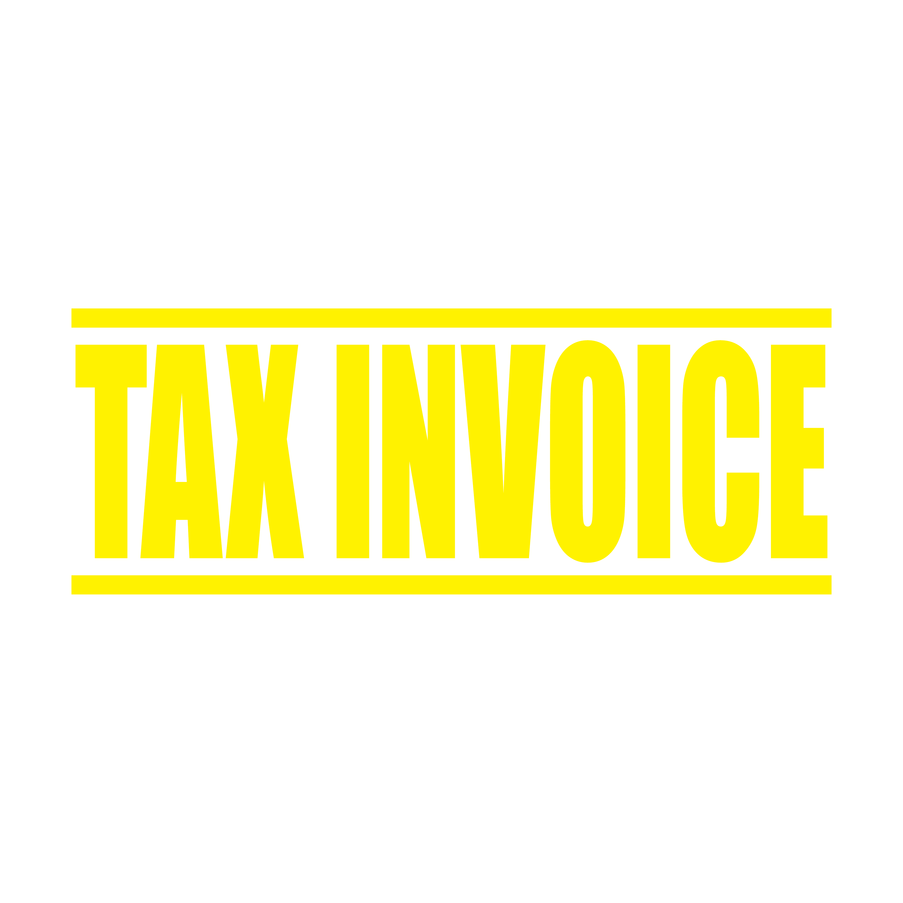 A yellow self inking rubber stamp with the word 'Tax Invoice' printed in bold capital letters in yellow ink. stampers hand stamp office business inventory documents self inking prefill refillable stamps stamping