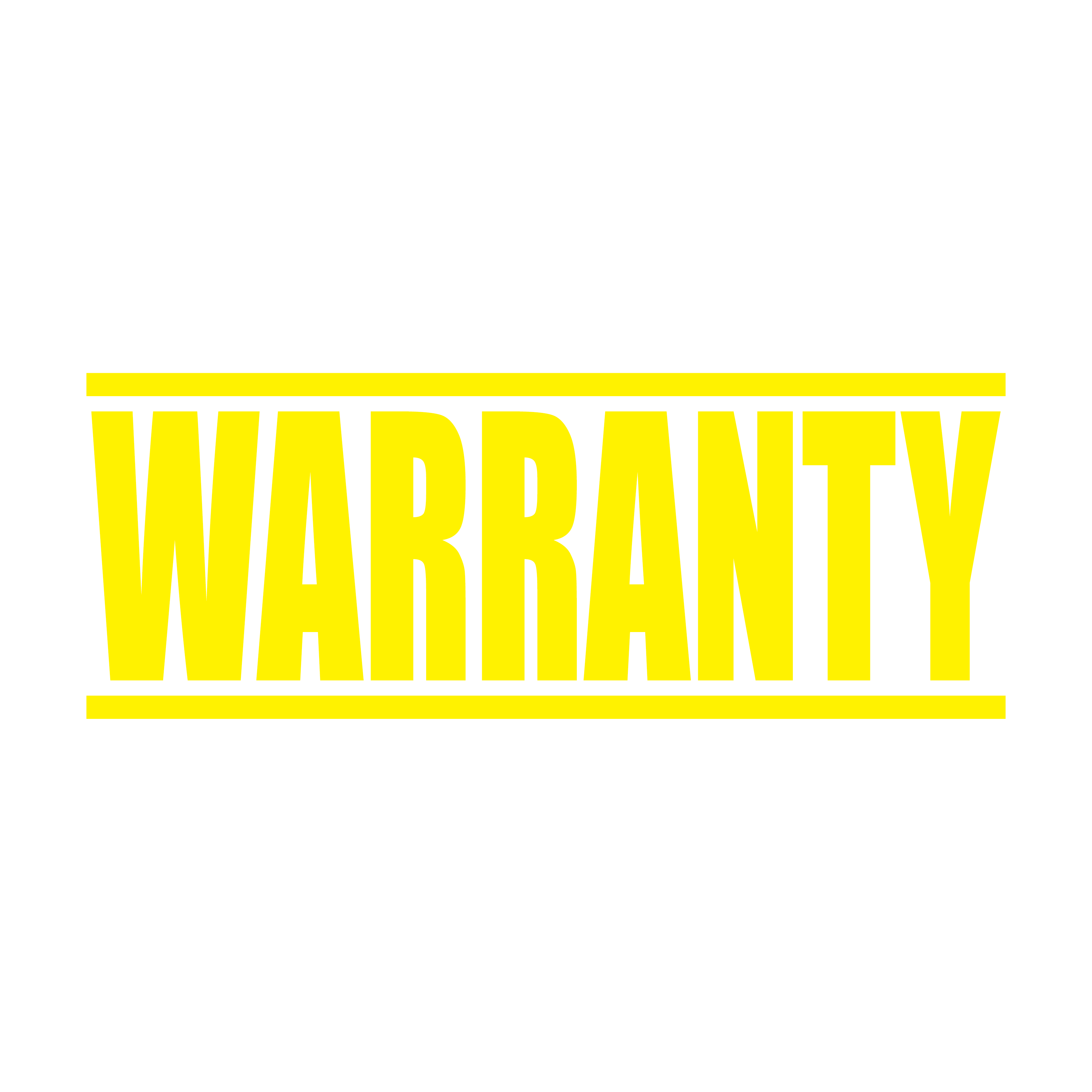 A yellow self inking rubber stamp with the word 'Warranty ' printed in bold capital letters in yellow ink. stampers hand stamp office business inventory documents self inking prefill refillable stamps stamping