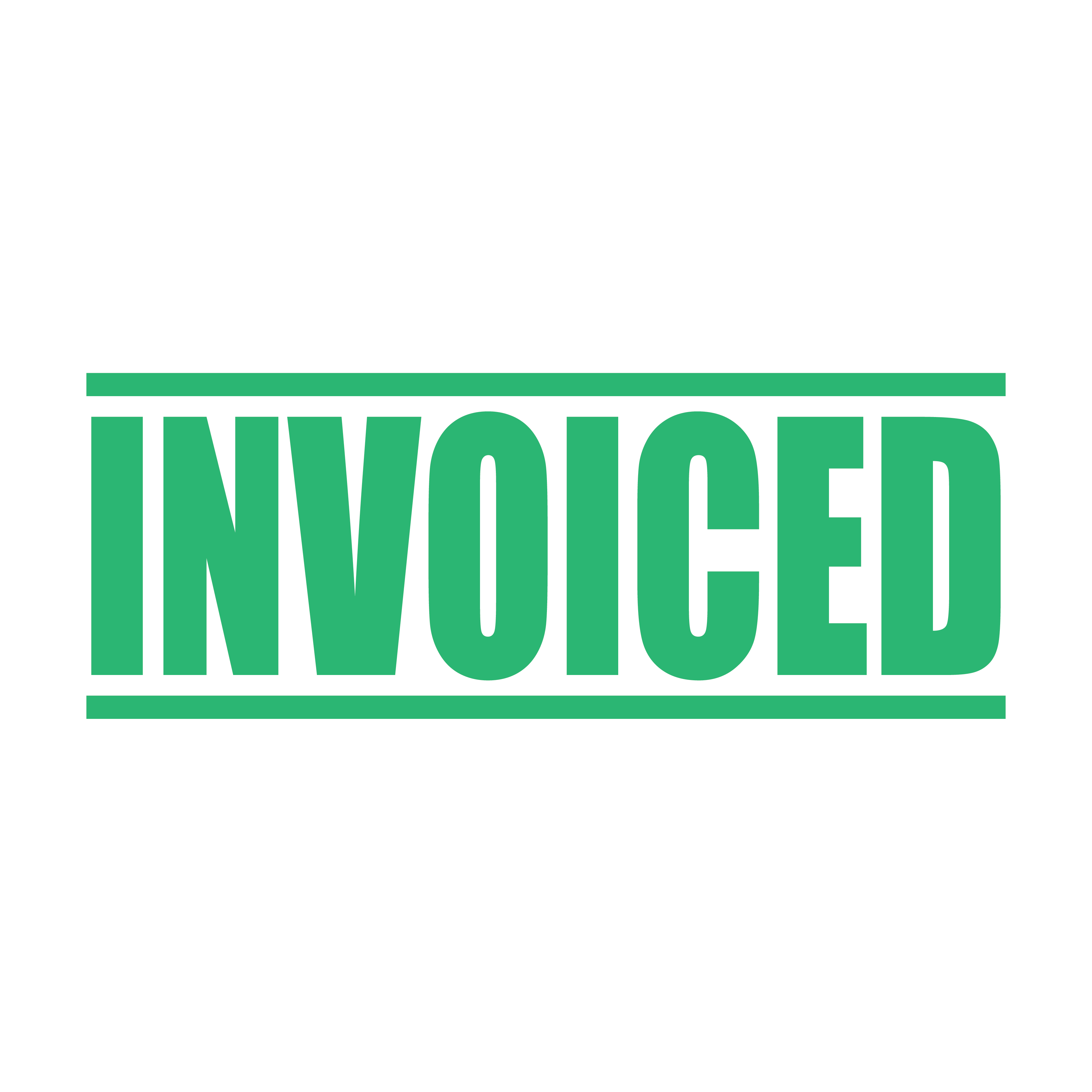 A mint self inking rubber stamp with the word 'INVOICED' printed in bold capital letters in mint ink. stampers hand stamp office business inventory documents