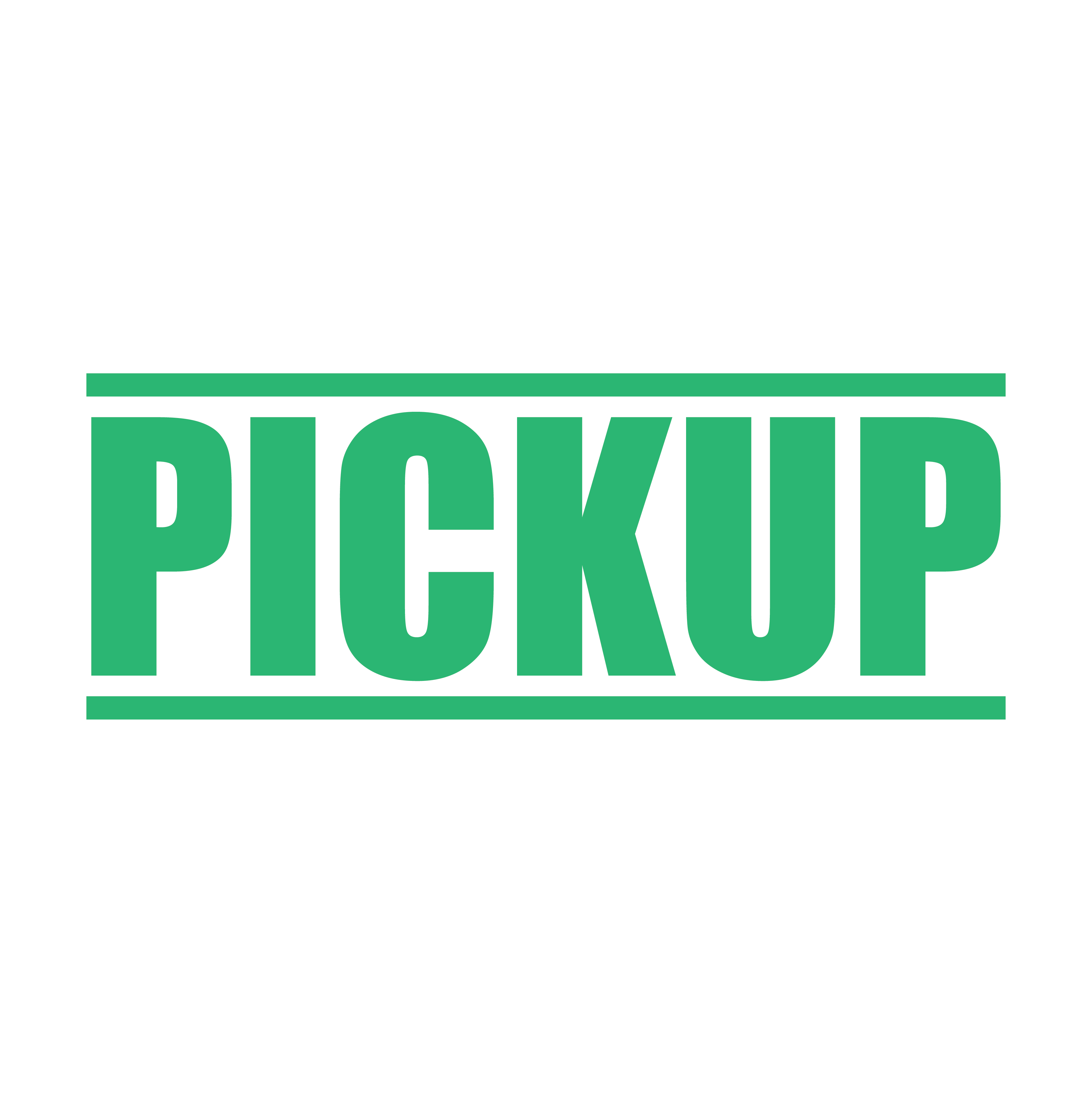 A mint self inking rubber stamp with the word 'Pickup' printed in bold capital letters in mint ink. stampers hand stamp office business inventory documents pick up