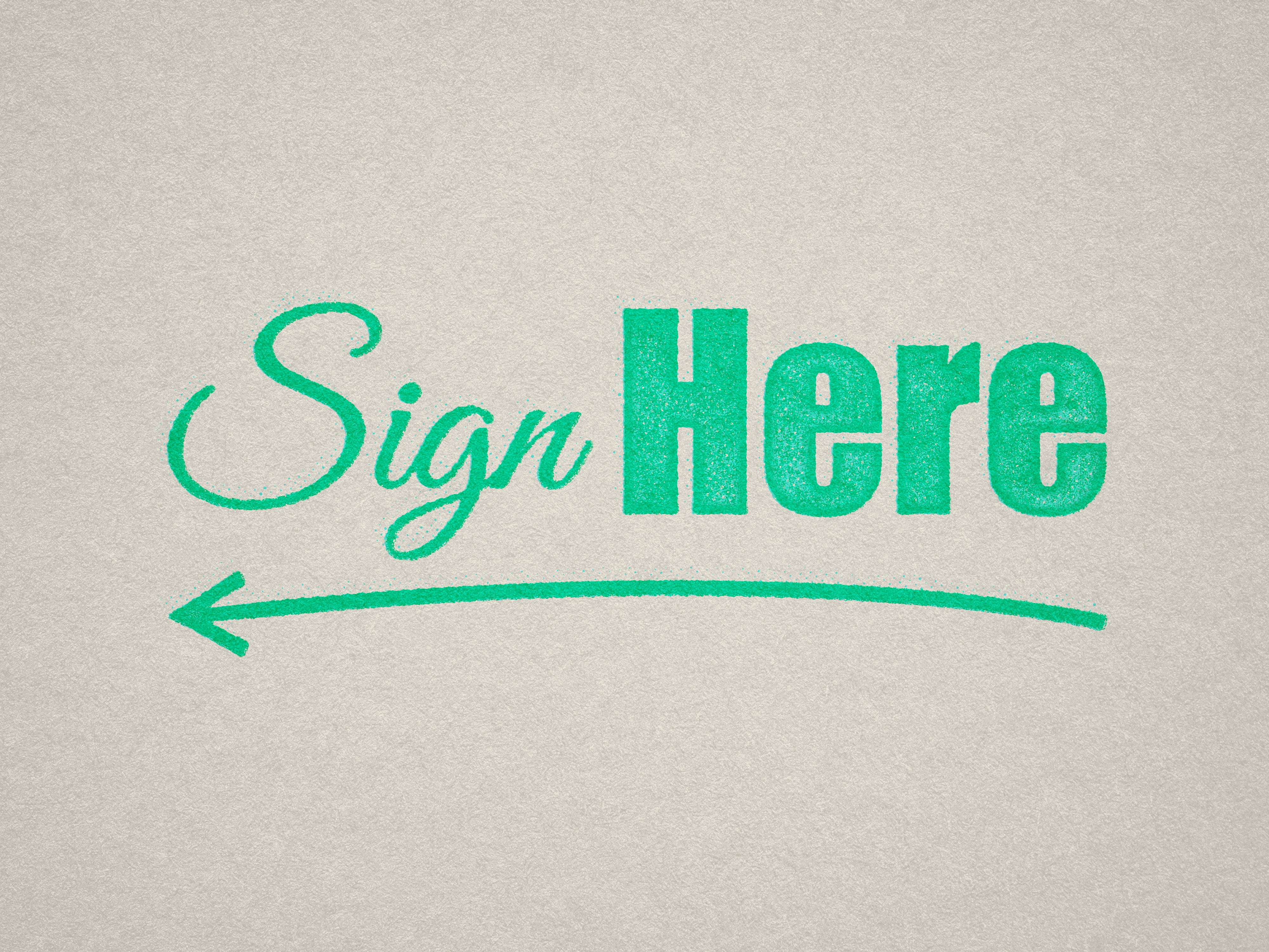 Sign Here rubber stamp with a left-pointing arrow ready made design in Mint ink