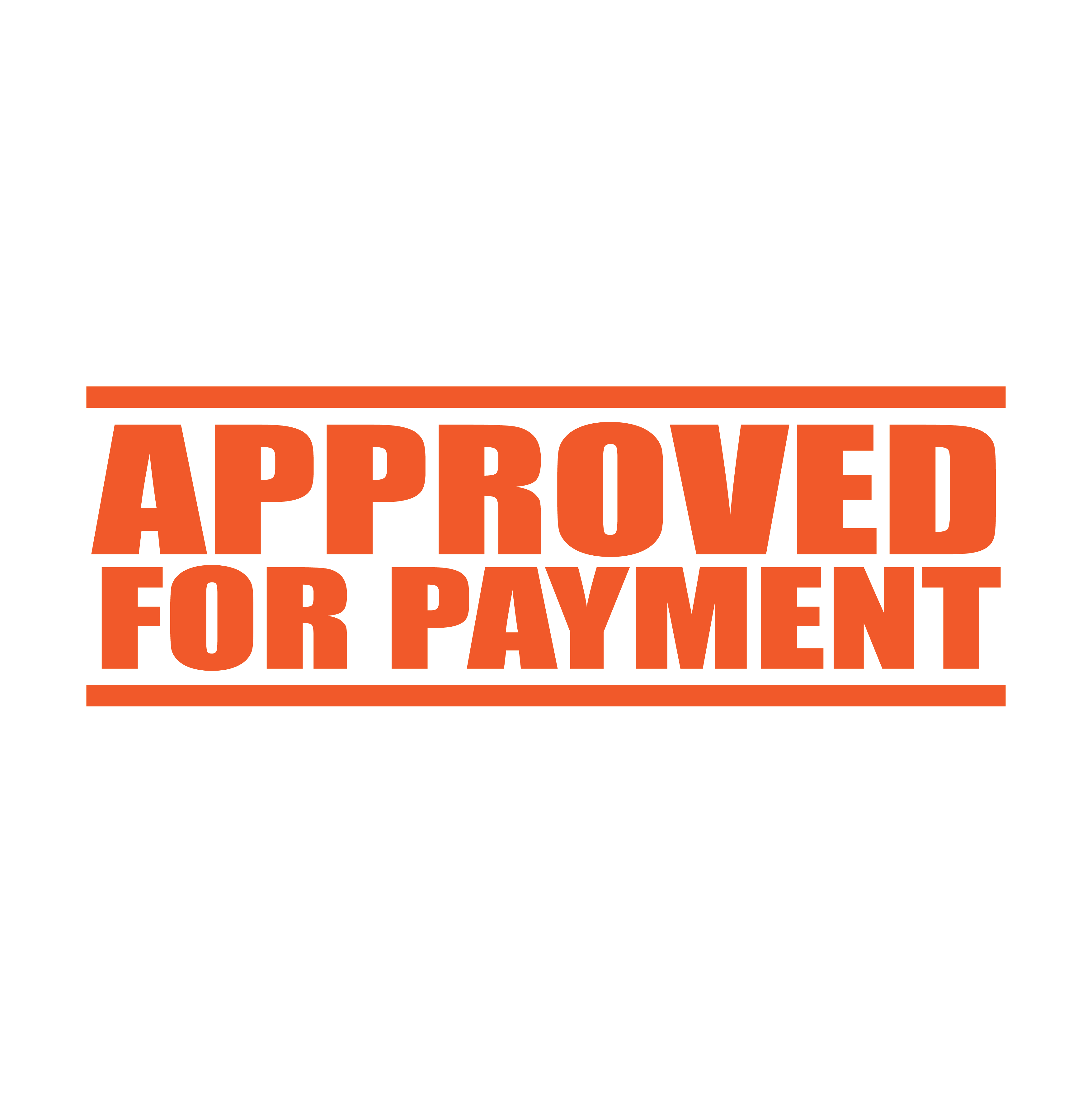 A orange self inking rubber stamp with the word 'Approved For Payment' printed in bold capital letters in orange ink. stampers hand stamp office business inventory documents