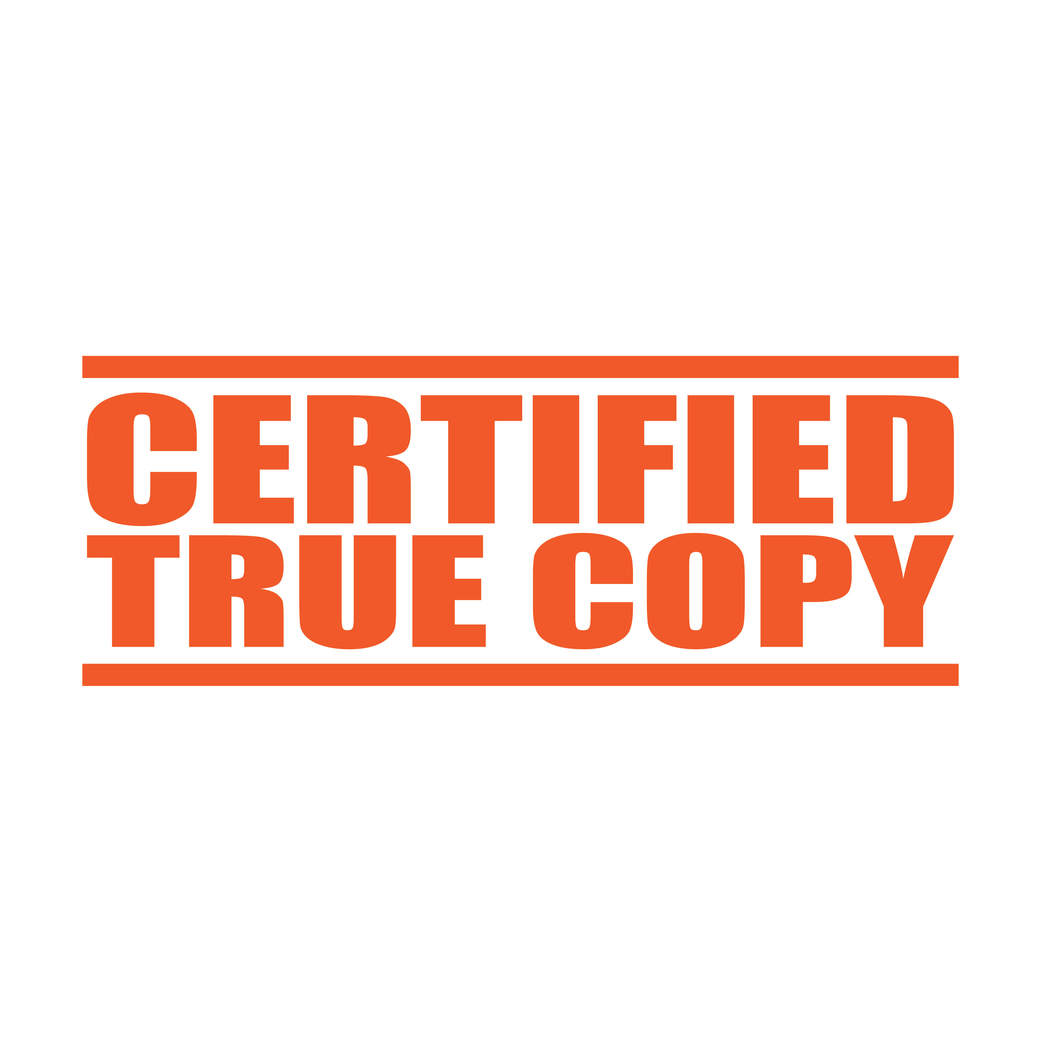 A orange self inking rubber stamp with the word 'Certified True Copy' printed in bold capital letters in orange ink. stampers hand stamp office business inventory documents self inking prefill refillable stamps stamping