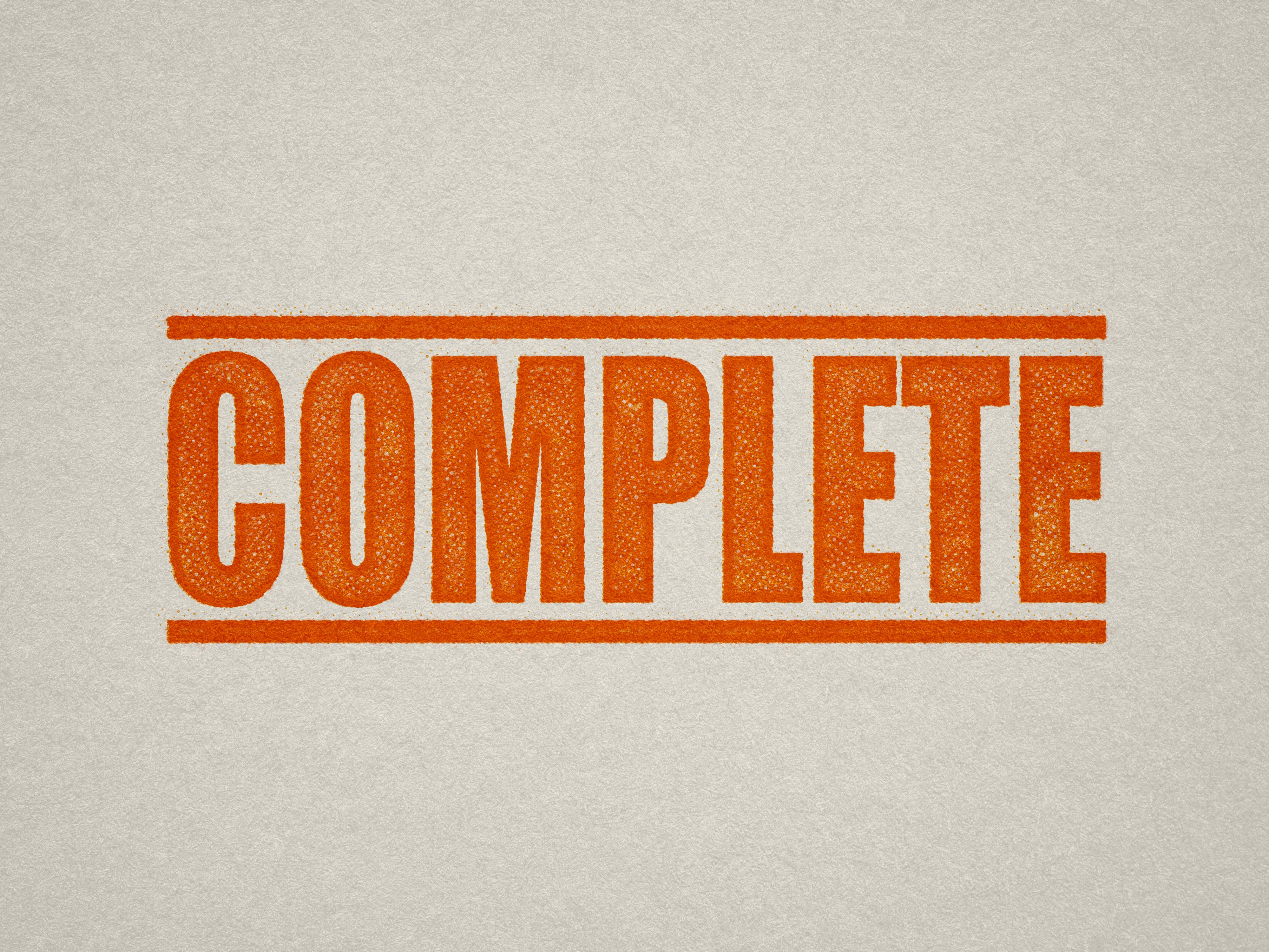 mock up design of 'Complete" rubber stamp orange ink in paper background stampers hand stamp office business inventory documents