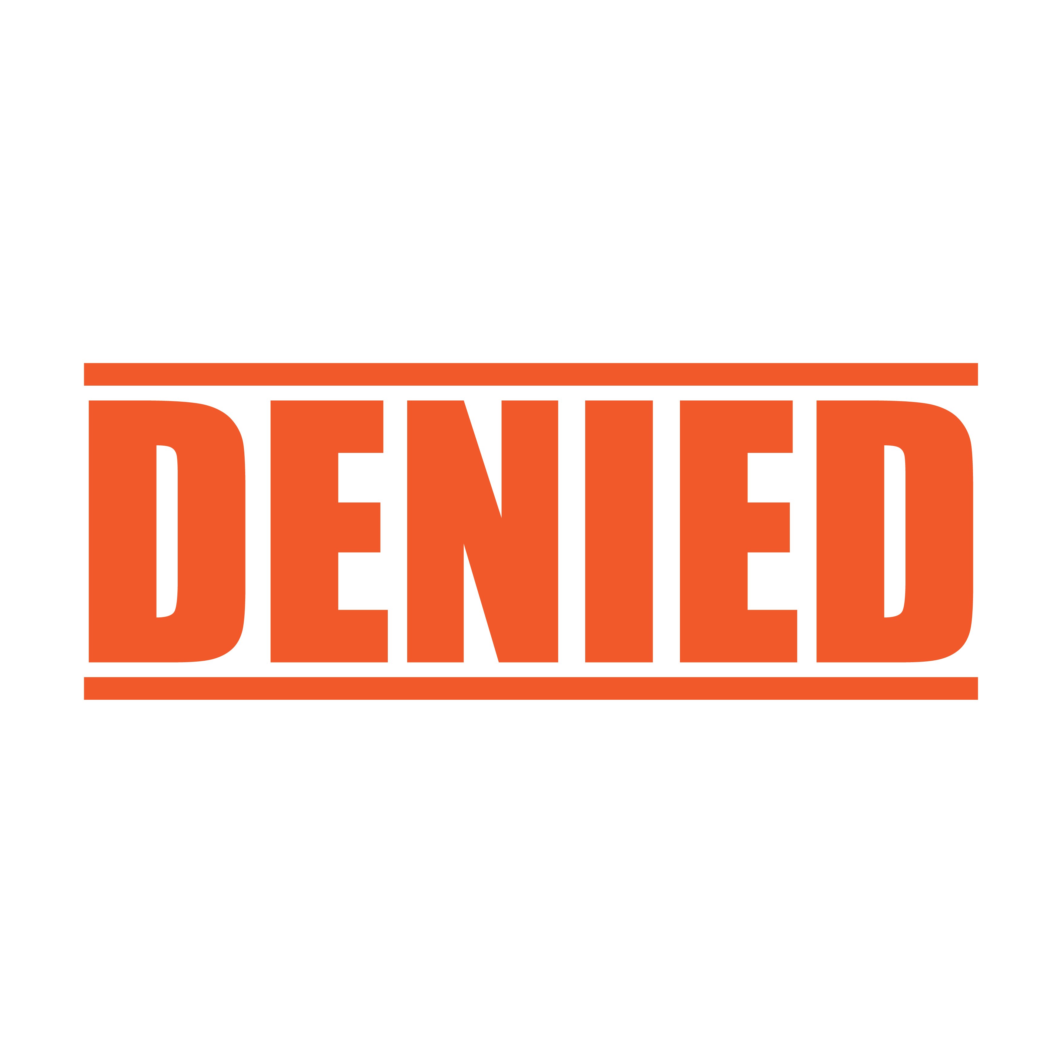 A orange self inking rubber stamp with the word 'Denied' printed in bold capital letters in orange ink. stampers hand stamp office business inventory documents self inking prefill refillable stamps stamping