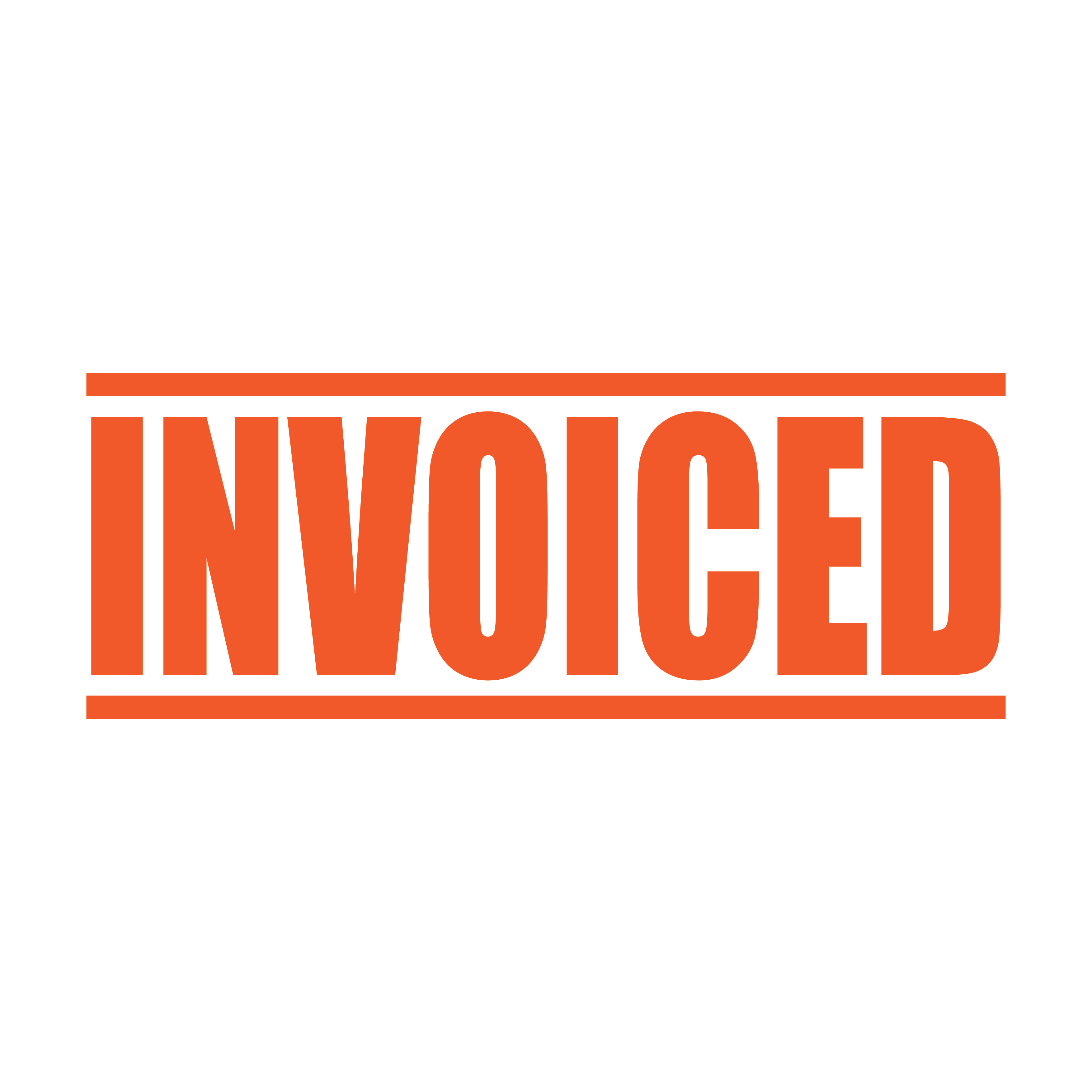 A orange self inking rubber stamp with the word 'INVOICED' printed in bold capital letters in orange ink. stampers hand stamp office business inventory documents