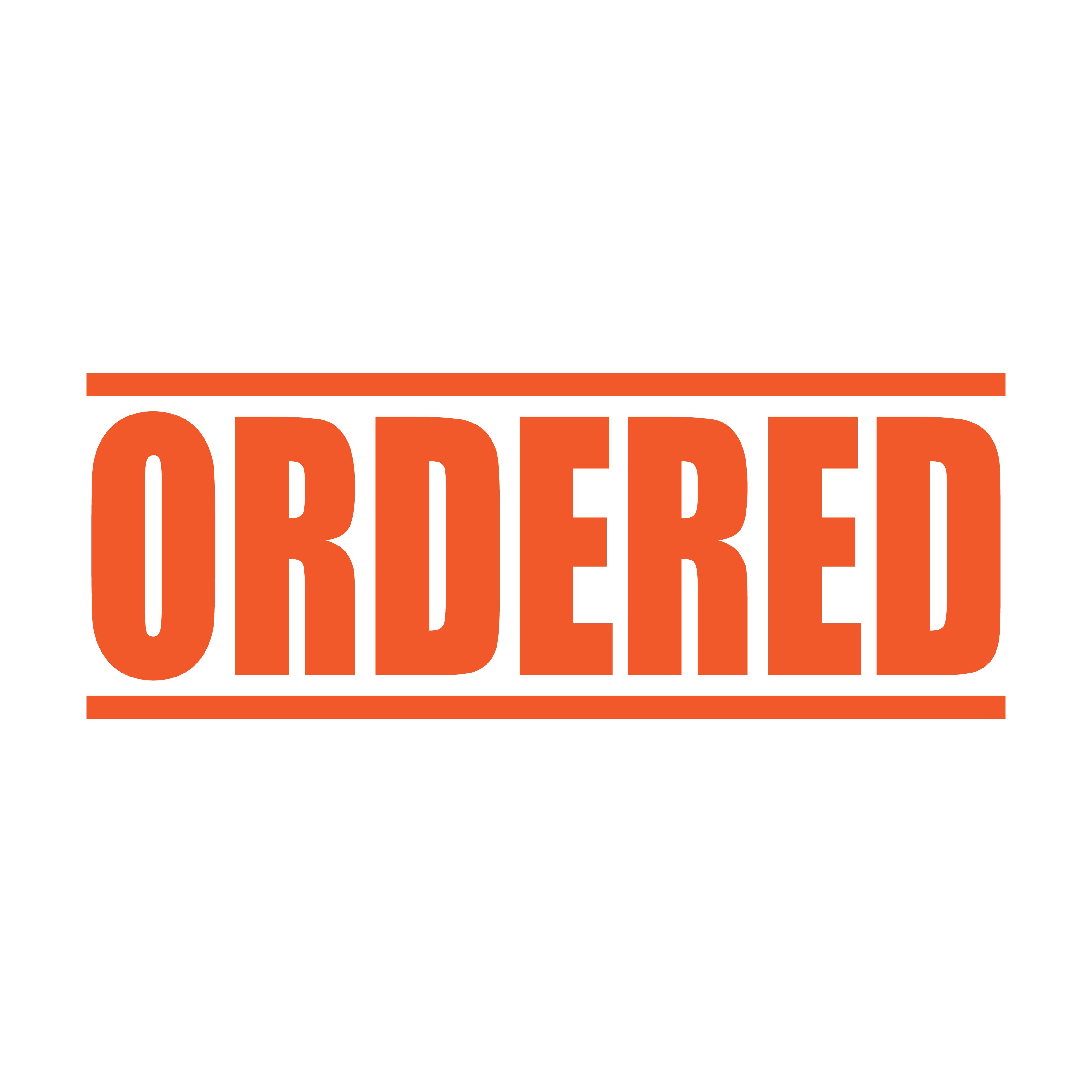 "A orange self inking rubber stamp with the word 'ORDERED' printed in bold capital letters in orange ink. stampers hand stamp office business inventory documents orange ink
"