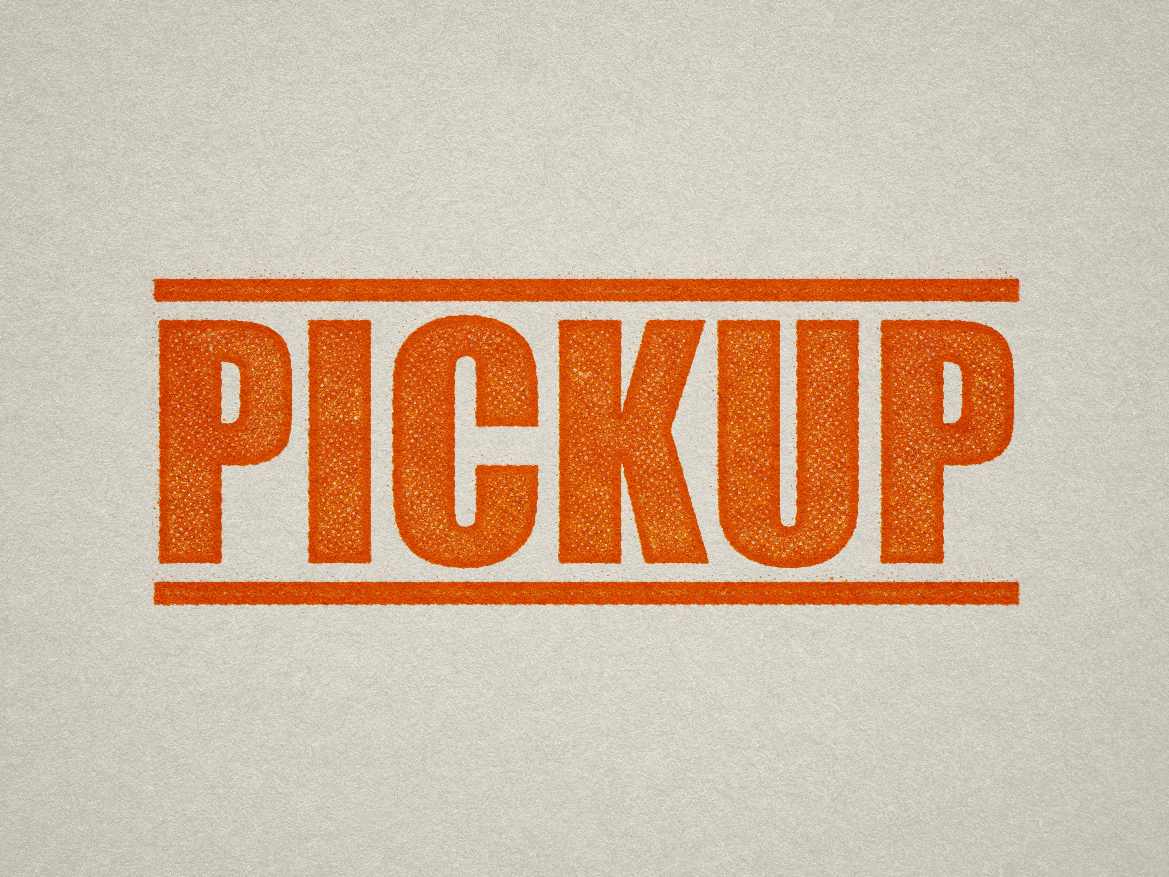 mock up design of 'Pickup" rubber stamp orange ink in paper background stampers hand stamp office business inventory documents pick up