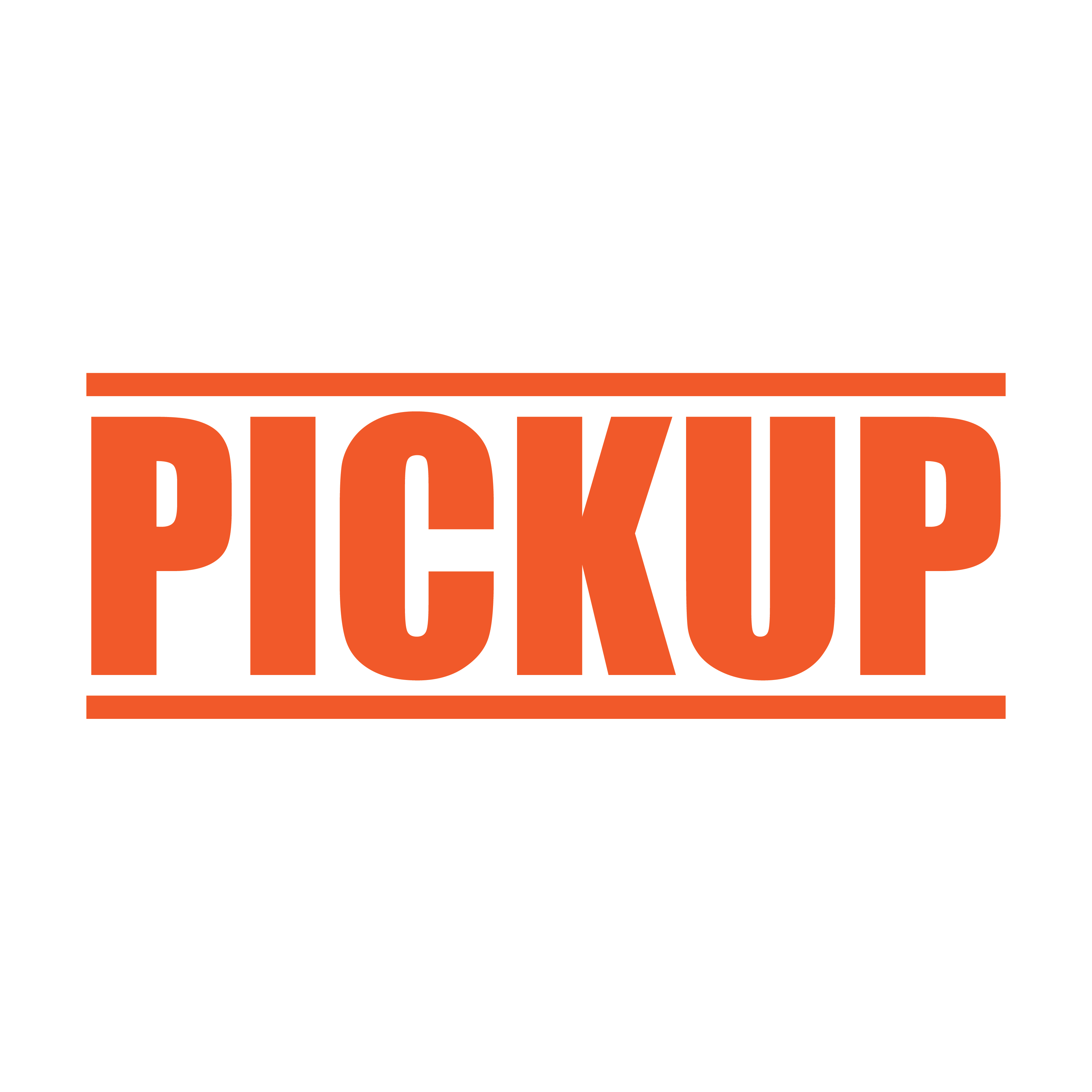 A orange self inking rubber stamp with the word 'Pickup' printed in bold capital letters in orange ink. stampers hand stamp office business inventory documents pick up