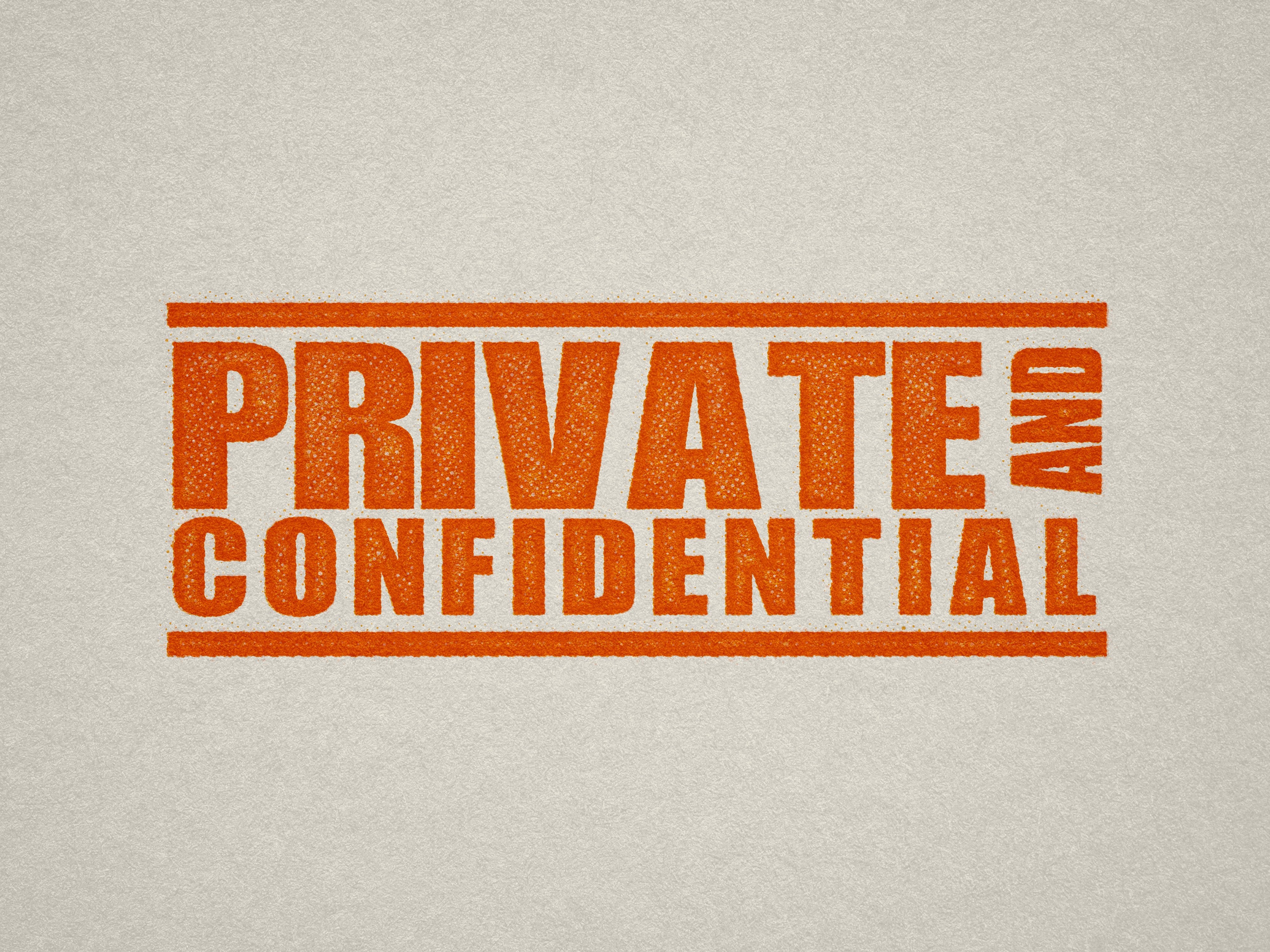 mock up design of 'Private and Confidential" rubber stamp orange ink in paper background stampers hand stamp office business inventory documents