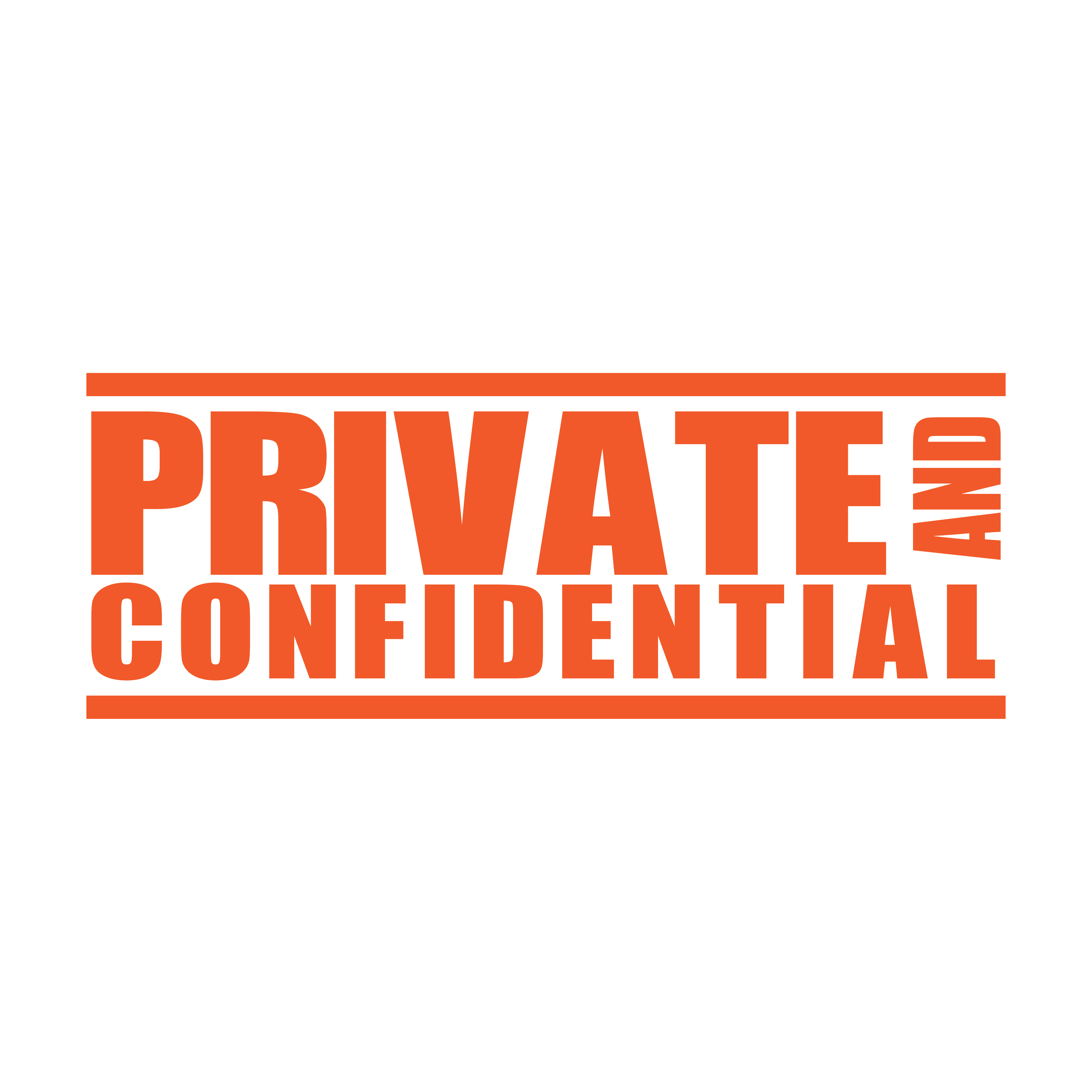 A orange self inking rubber stamp with the word 'Private and Confidential' printed in bold capital letters in orange ink. stampers hand stamp office business inventory documents