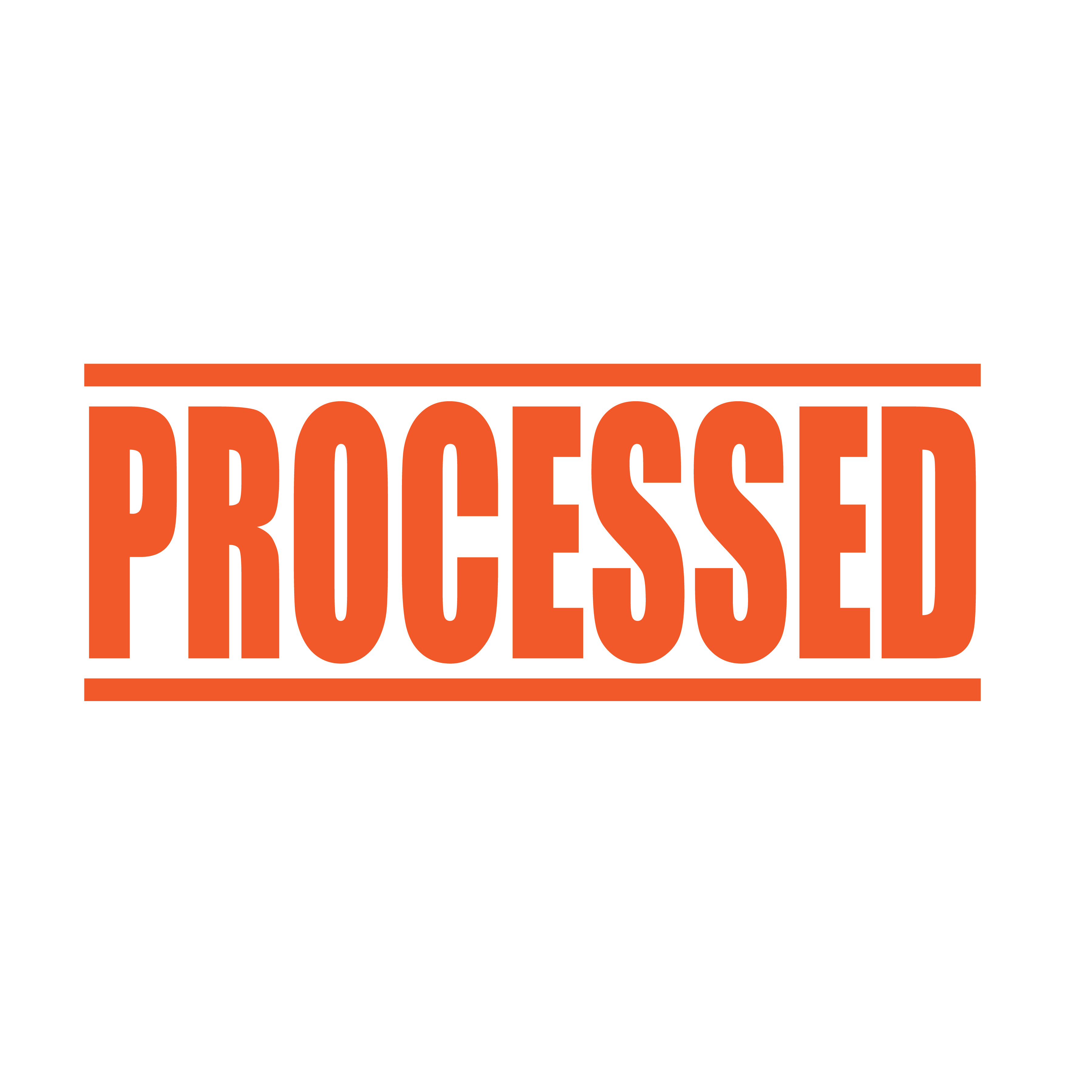 A orange self inking rubber stamp with the word 'Processed ' printed in bold capital letters in orange ink. stampers hand stamp office business inventory documents self inking prefill refillable stamps stamping