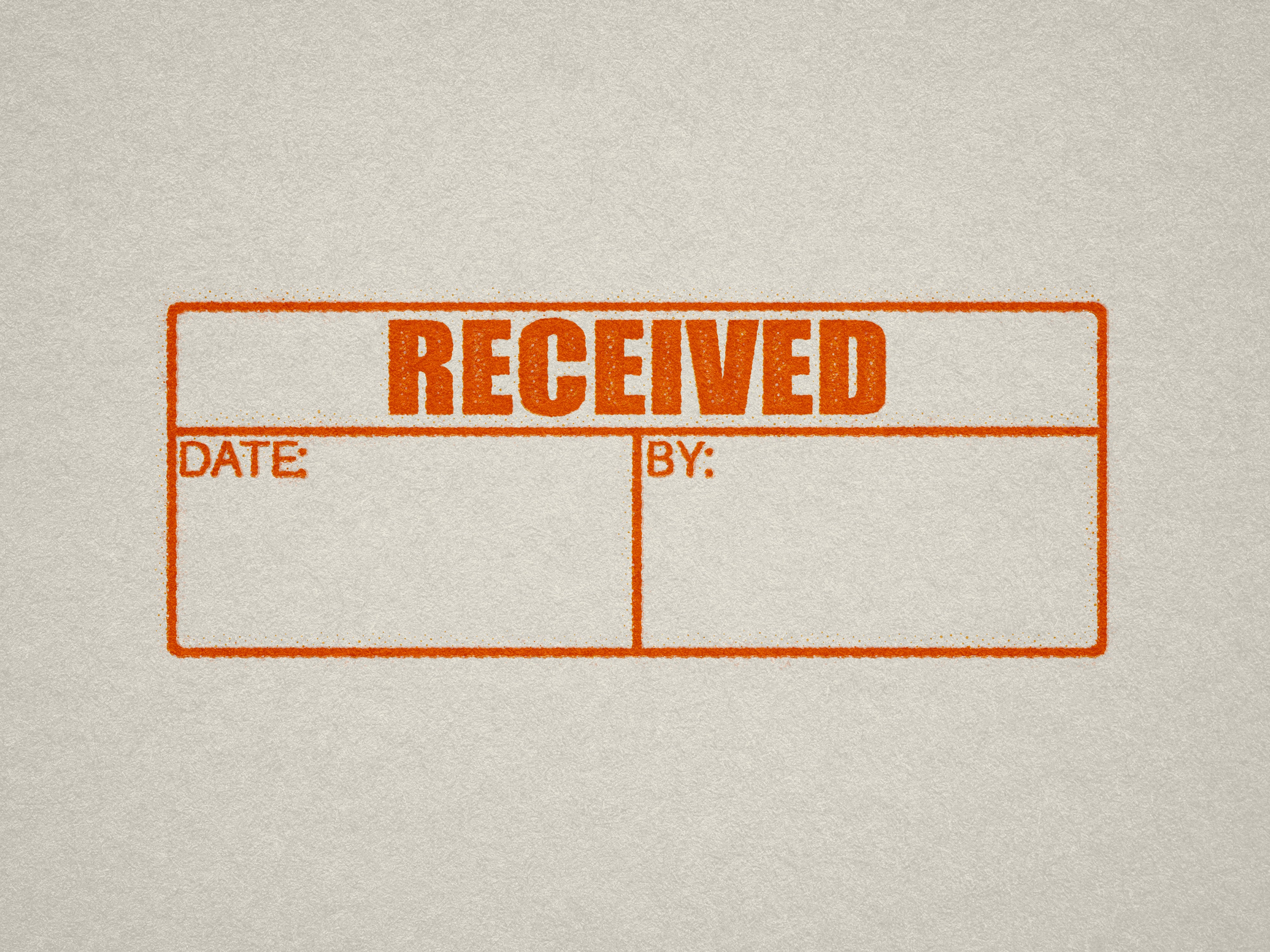 orange rubber stamp, RECEIVED 'Date' and 'By pre-designed