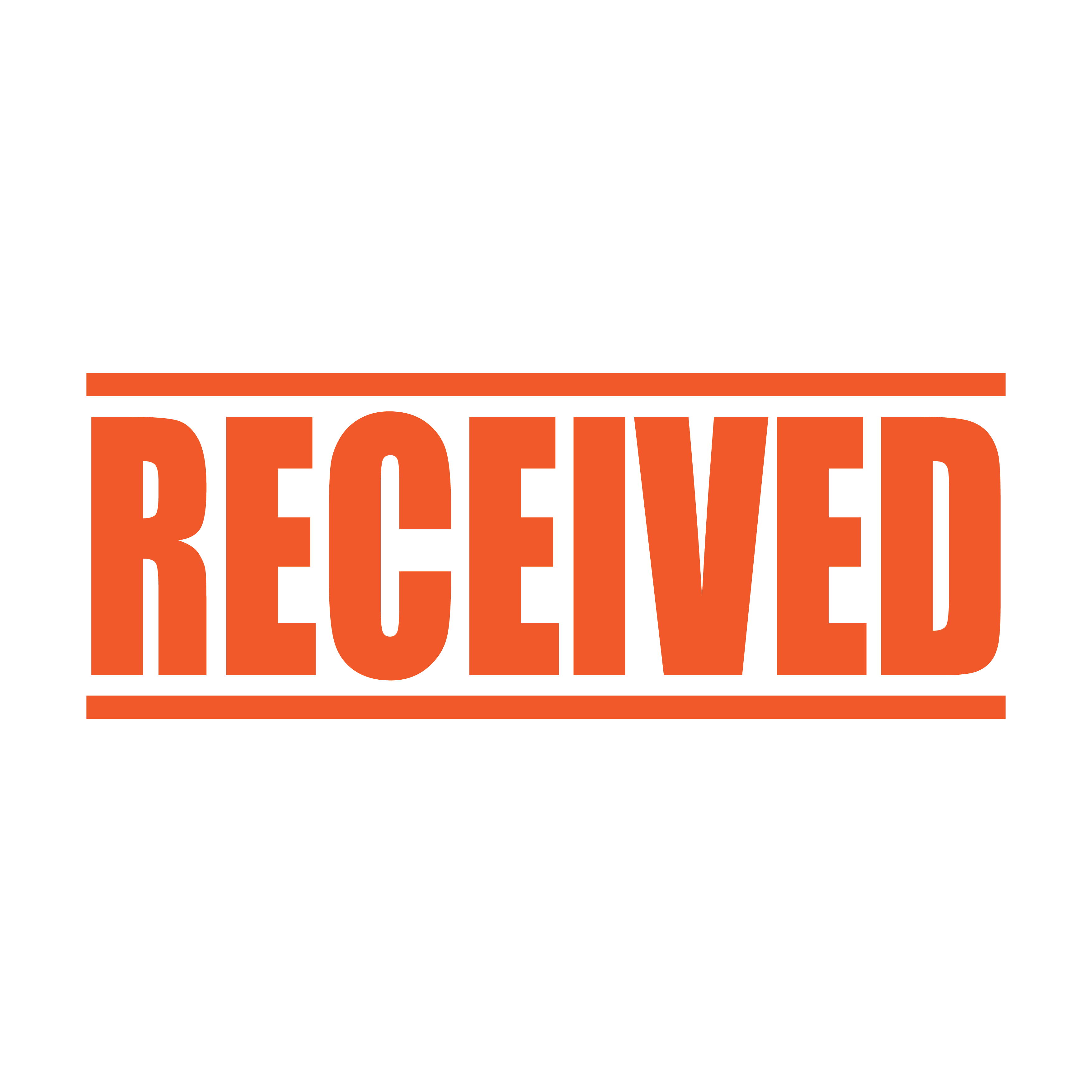 A orange self inking rubber stamp with the word 'Received ' printed in bold capital letters in orange ink. stampers hand stamp office business inventory documents self inking prefill refillable stamps stamping