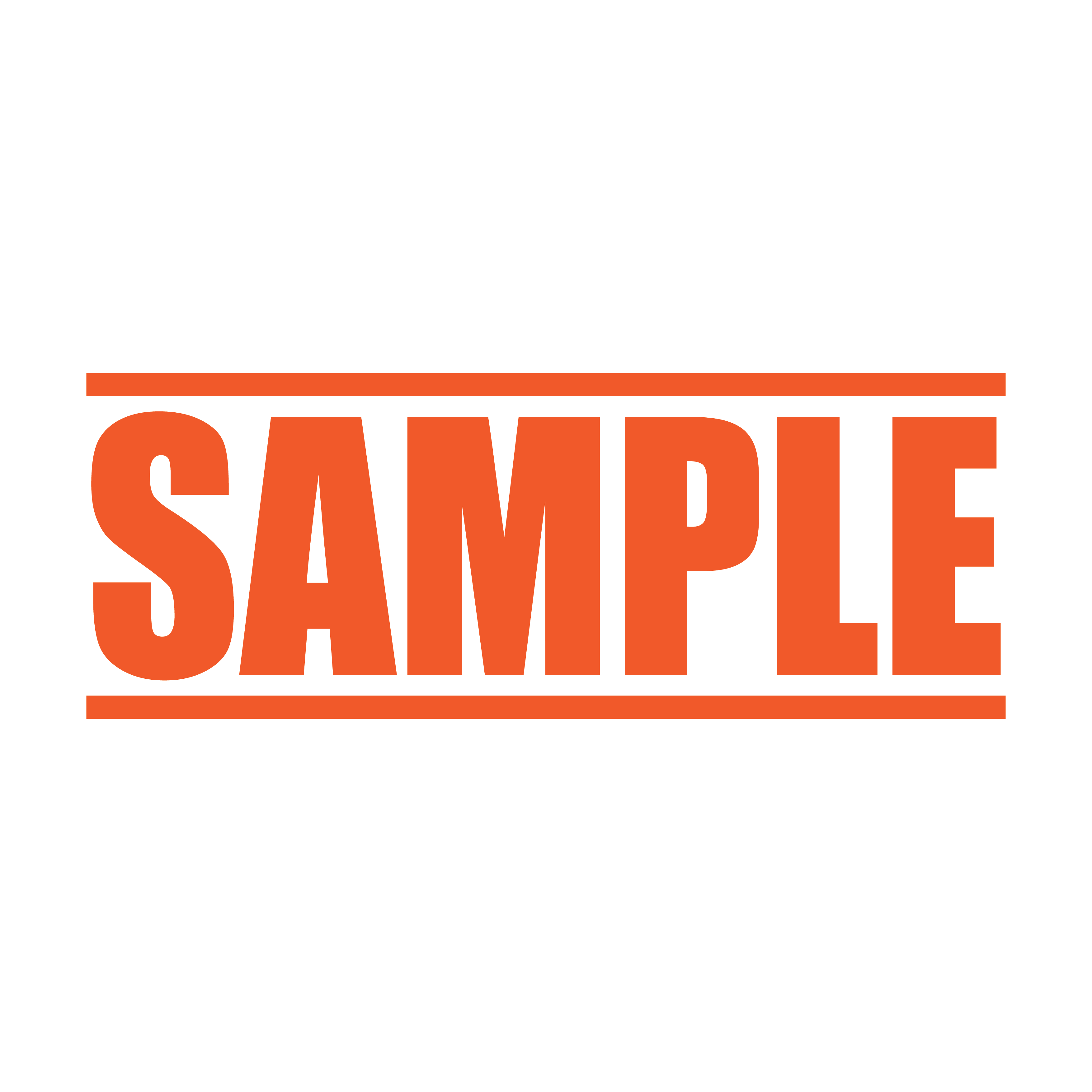 A orange self inking rubber stamp with the word 'Sample ' printed in bold capital letters in orange ink. stampers hand stamp office business inventory documents self inking prefill refillable stamps stamping