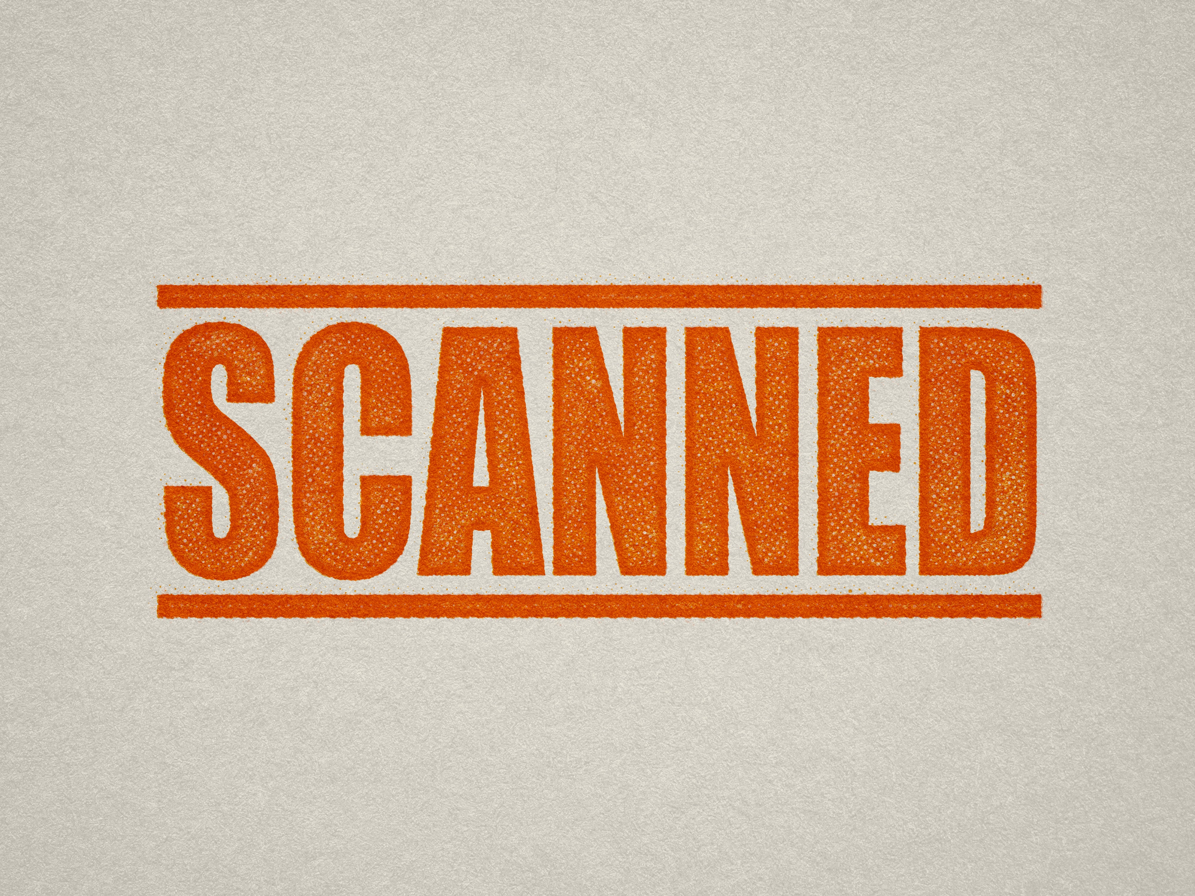 Mock up design or lifestyle image of 'SCANNED' rubber stamp orange ink in paper background stampers hand stamp office business inventory documents self inking prefill refillable stamps stamping