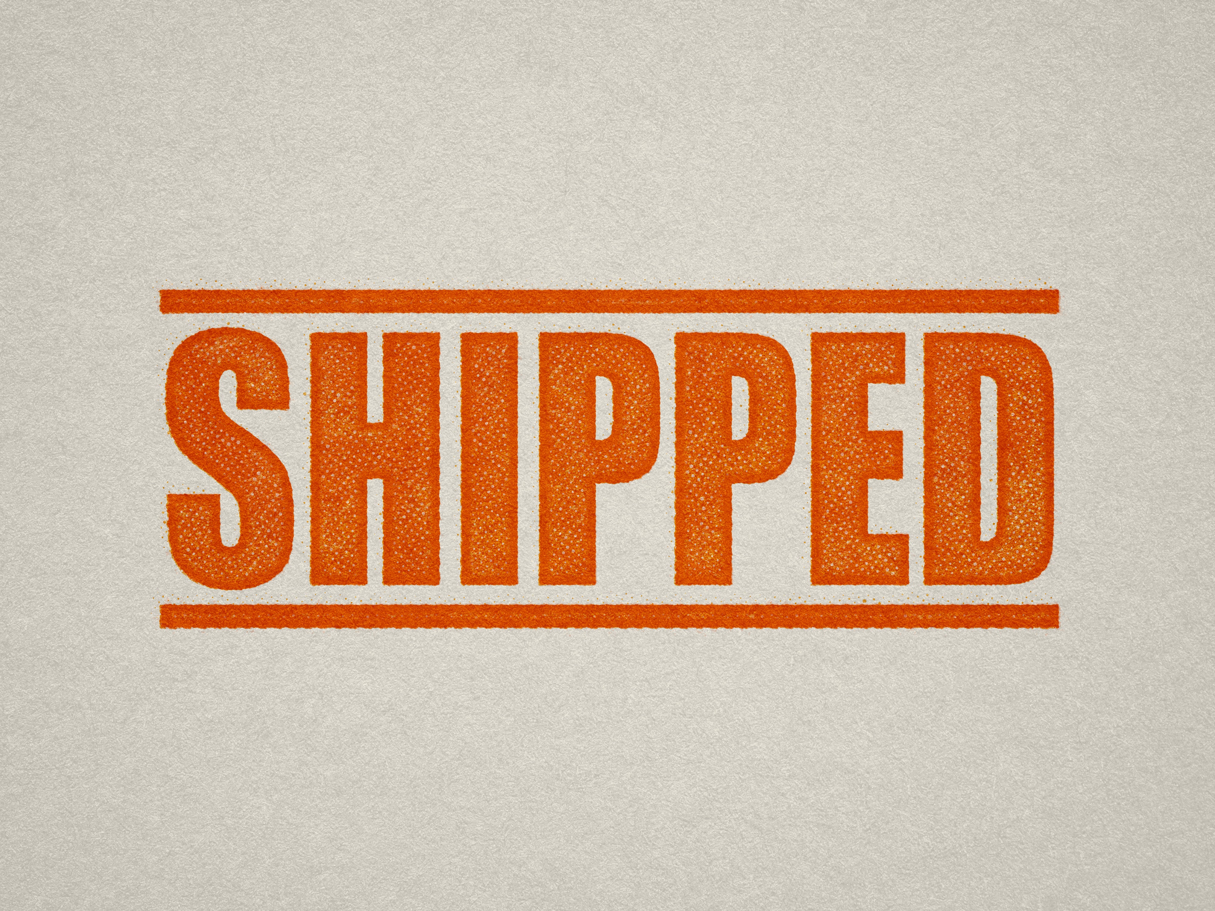 Ready Made rubber stamp "Shipped" impression orange ink