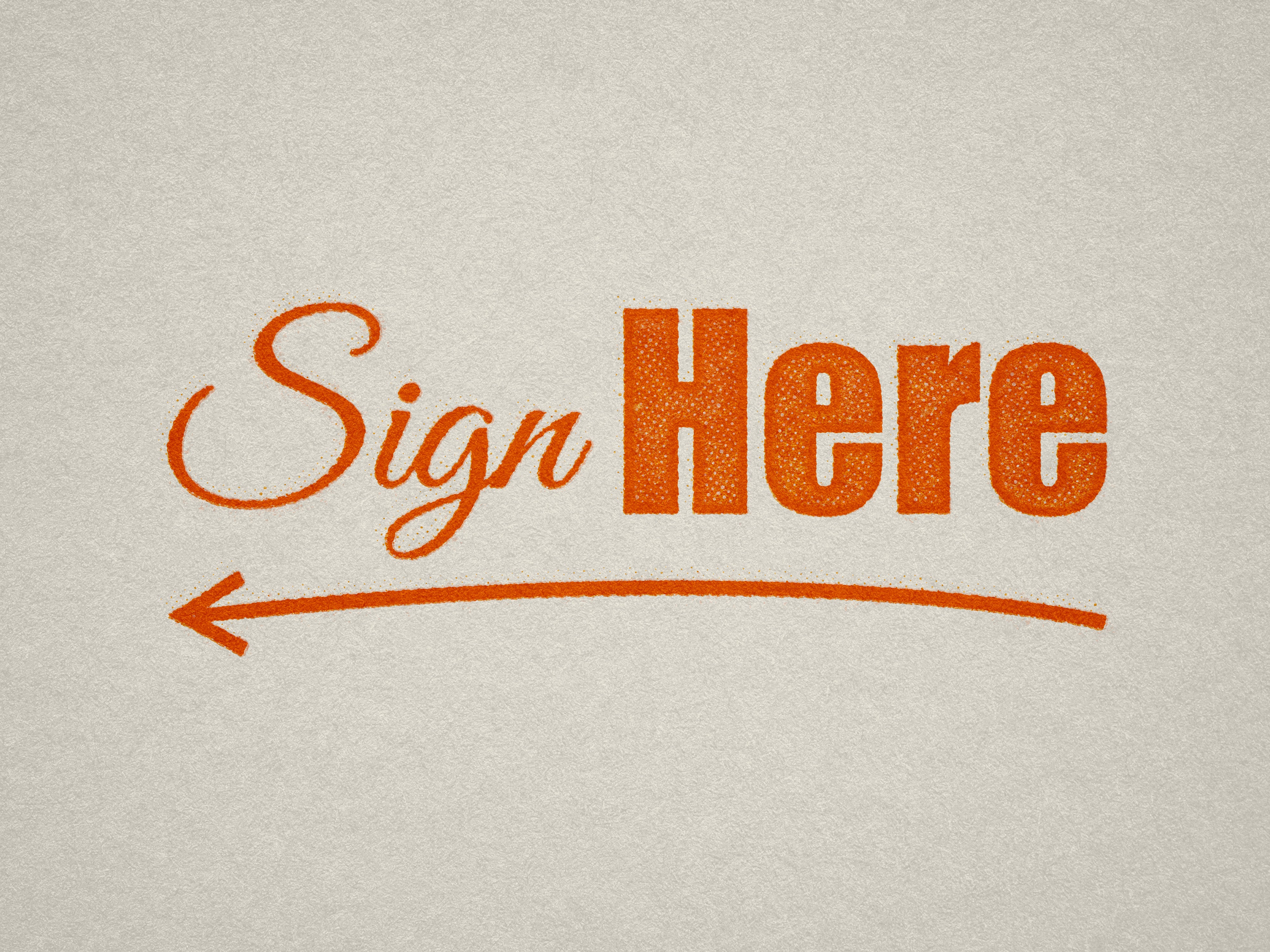 Orange Sign Here with a left-pointing arrow stamp