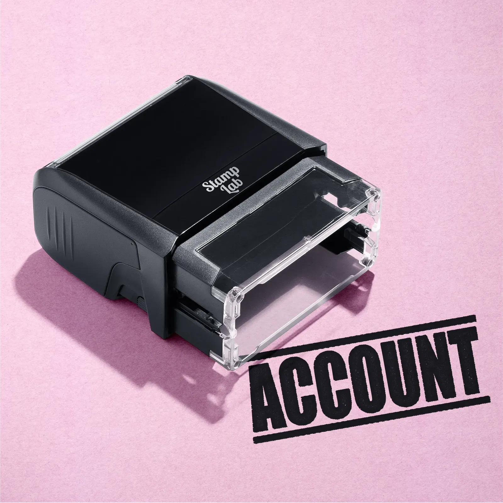 mock up design or lifestyle image of 'Account' rubber stamp black ink in paper background stampers hand stamp office business inventory documents self inking prefill refillable stamps stamping