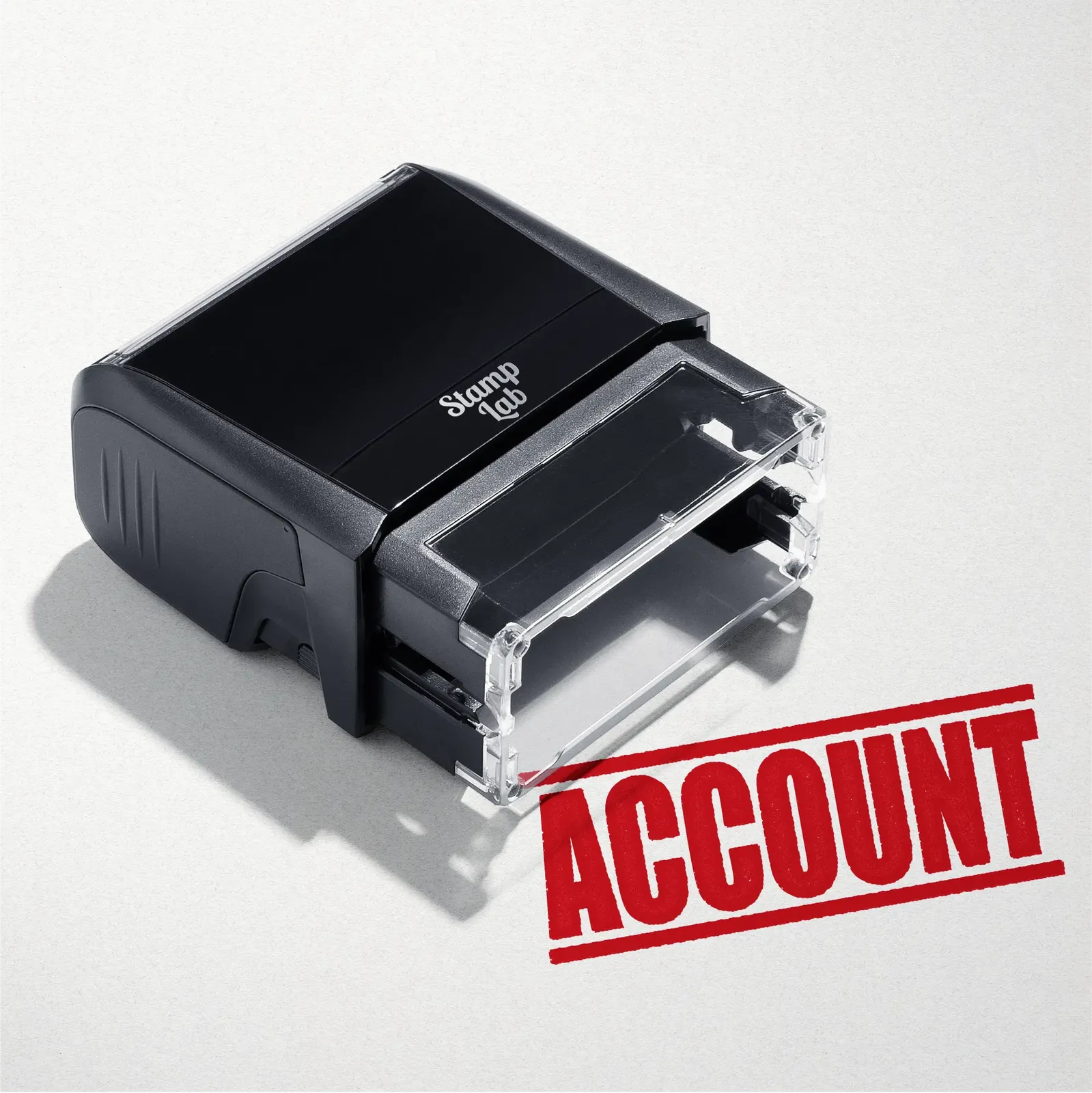 mock up design or lifestyle image of 'Account' rubber stamp red ink in paper background stampers hand stamp office business inventory documents self inking prefill refillable stamps stamping