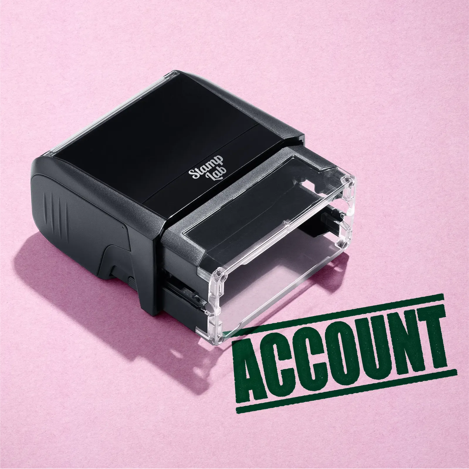 mock up design or lifestyle image of 'Account' rubber stamp green ink in paper background stampers hand stamp office business inventory documents self inking prefill refillable stamps stamping