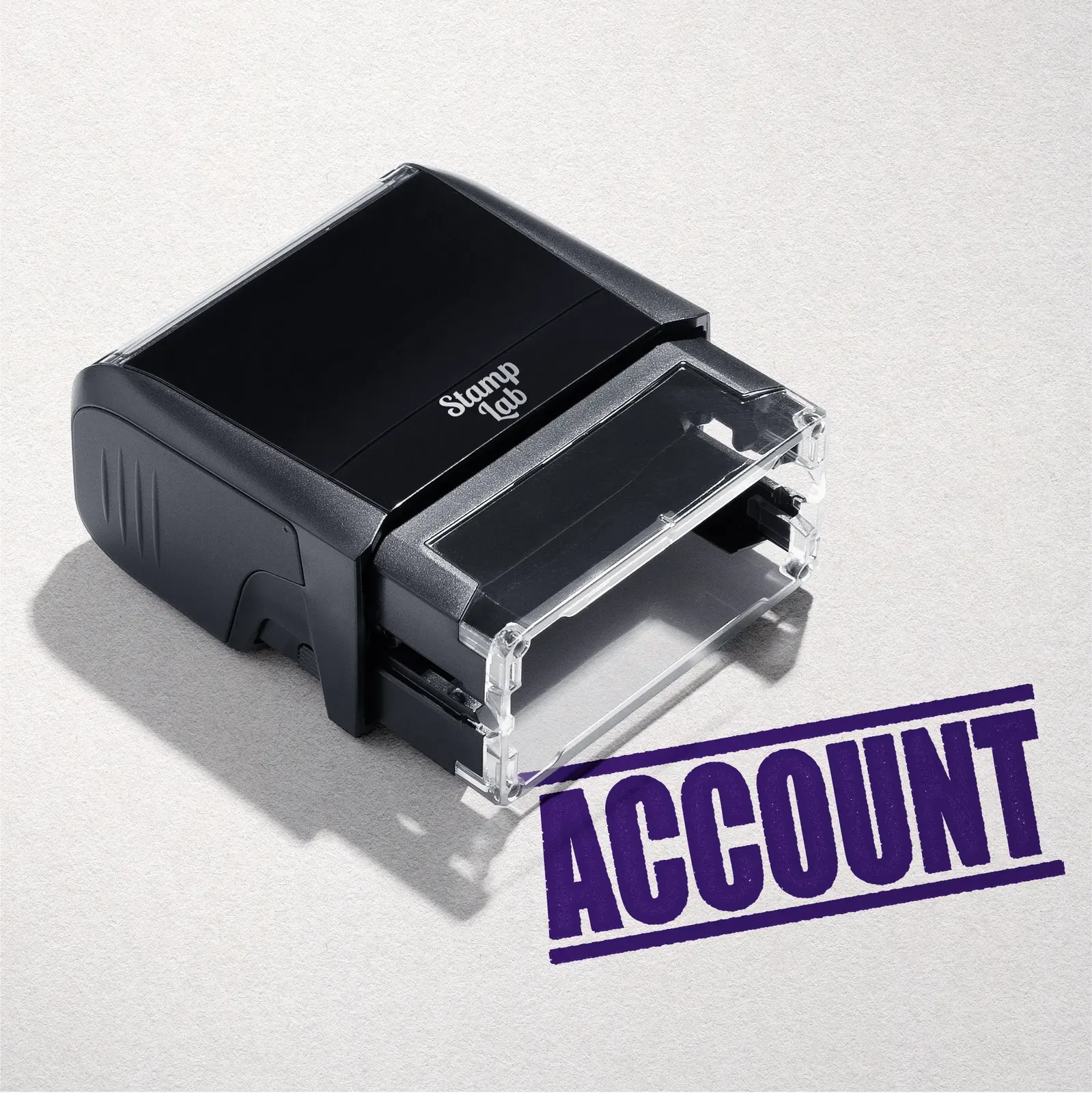 mock up design or lifestyle image of 'Account' rubber stamp violet ink in paper background stampers hand stamp office business inventory documents self inking prefill refillable stamps stamping