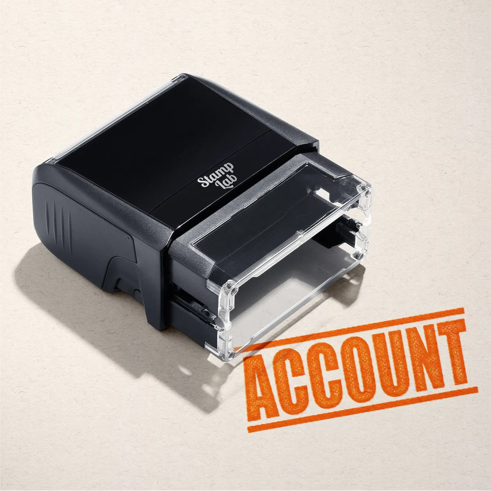 mock up design or lifestyle image of 'Account' rubber stamp orange ink in paper background stampers hand stamp office business inventory documents self inking prefill refillable stamps stamping