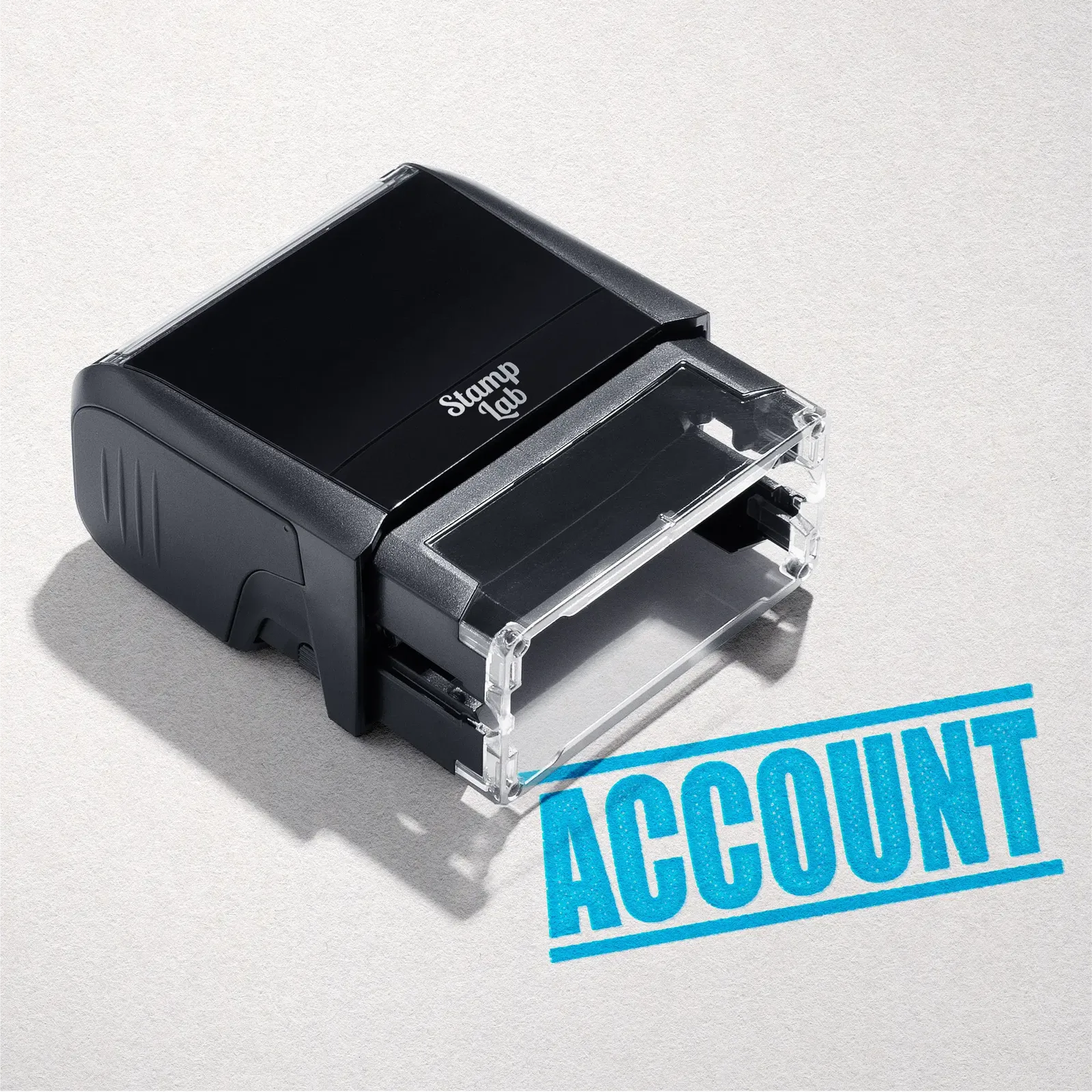 mock up design or lifestyle image of 'Account' rubber stamp turquoise ink in paper background stampers hand stamp office business inventory documents self inking prefill refillable stamps stamping