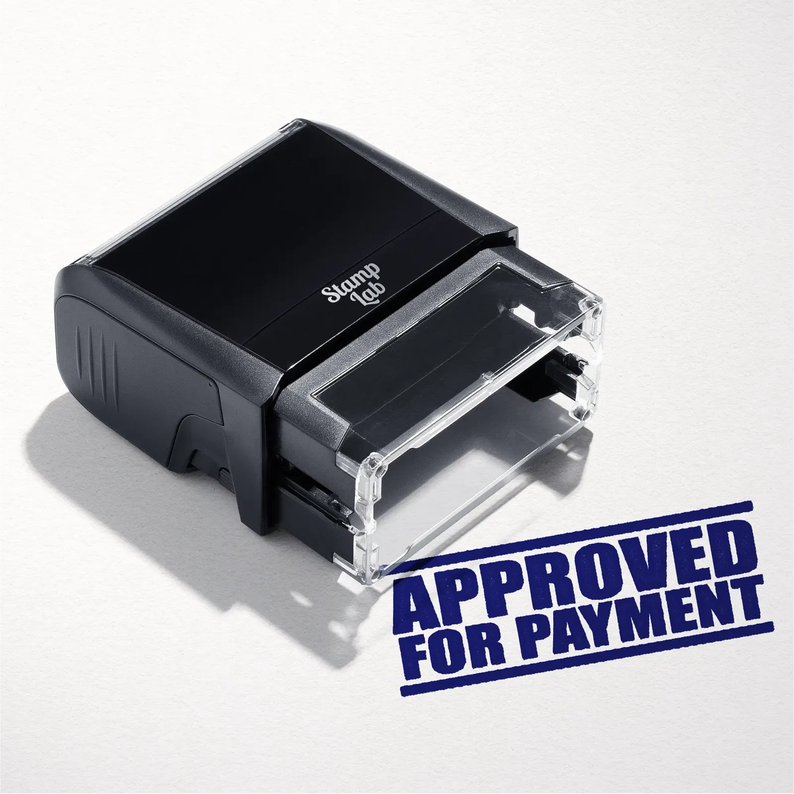 mock up design or lifestyle image of 'Approved For Payment' rubber stamp blue ink in paper background stampers hand stamp office business inventory documents