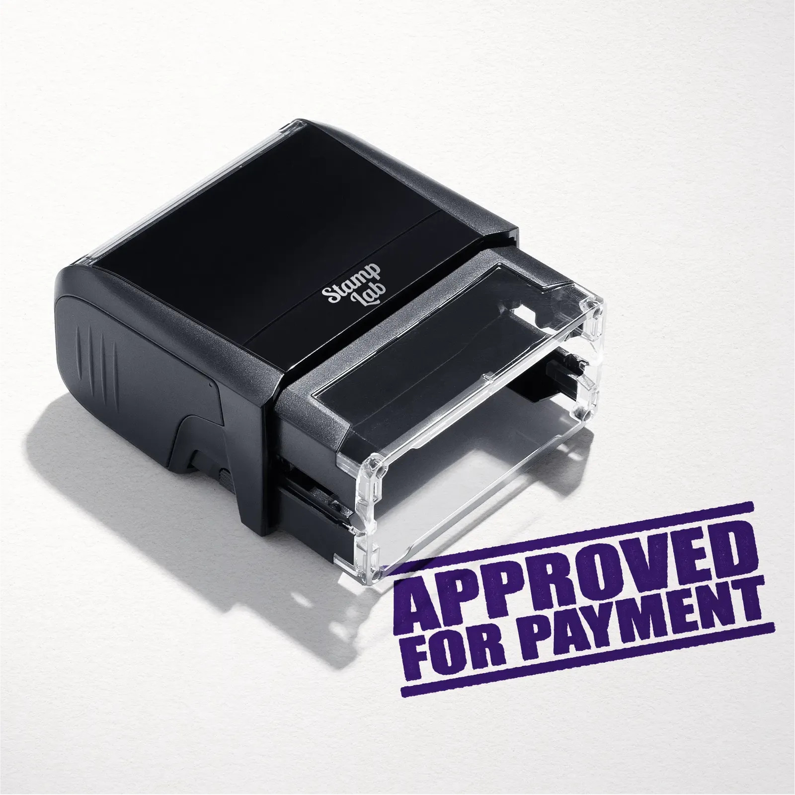 mock up design or lifestyle image of 'Approved For Payment' rubber stamp violet ink in paper background stampers hand stamp office business inventory documents purple