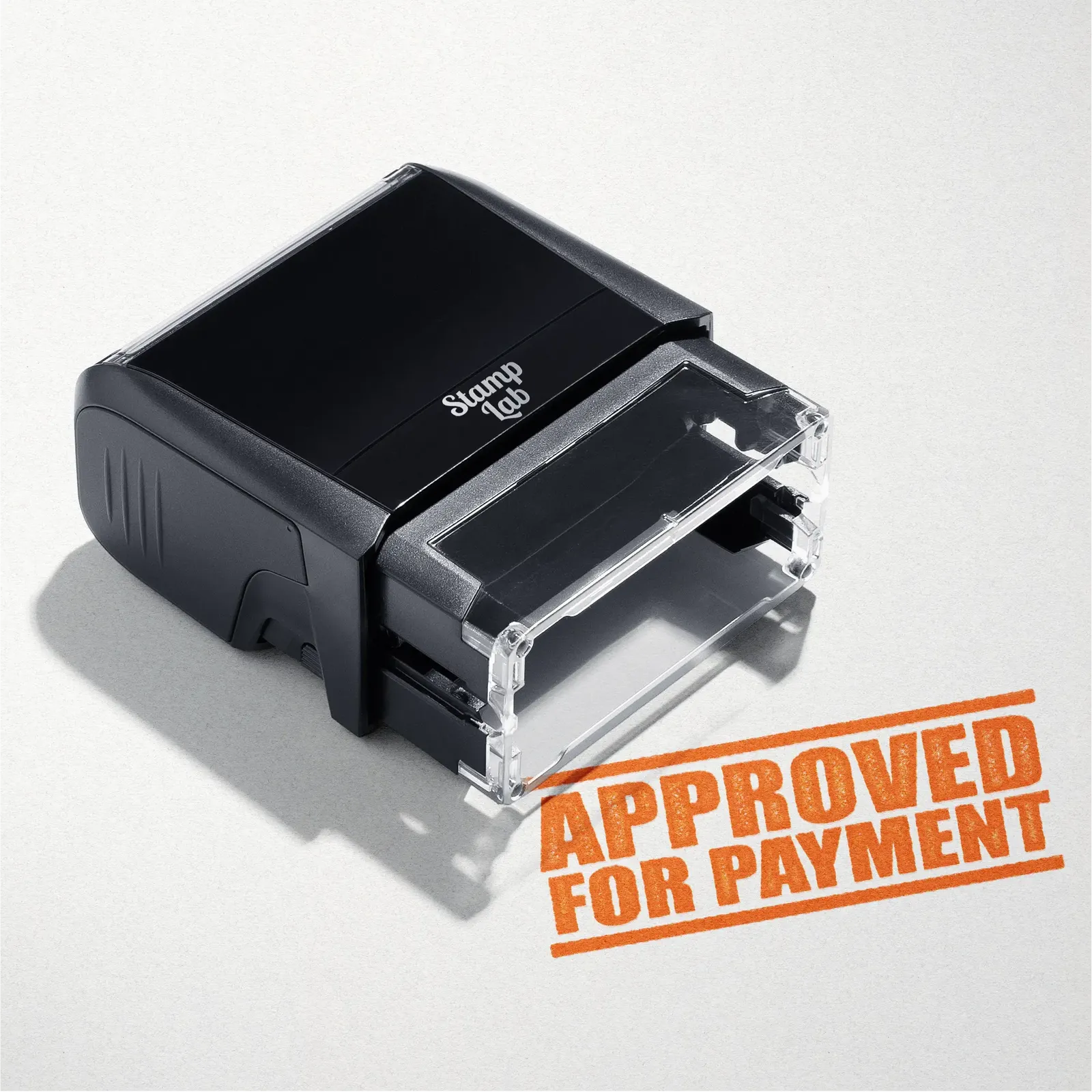 mock up design or lifestyle image of 'Approved For Payment' rubber stamp orange ink in paper background stampers hand stamp office business inventory documents