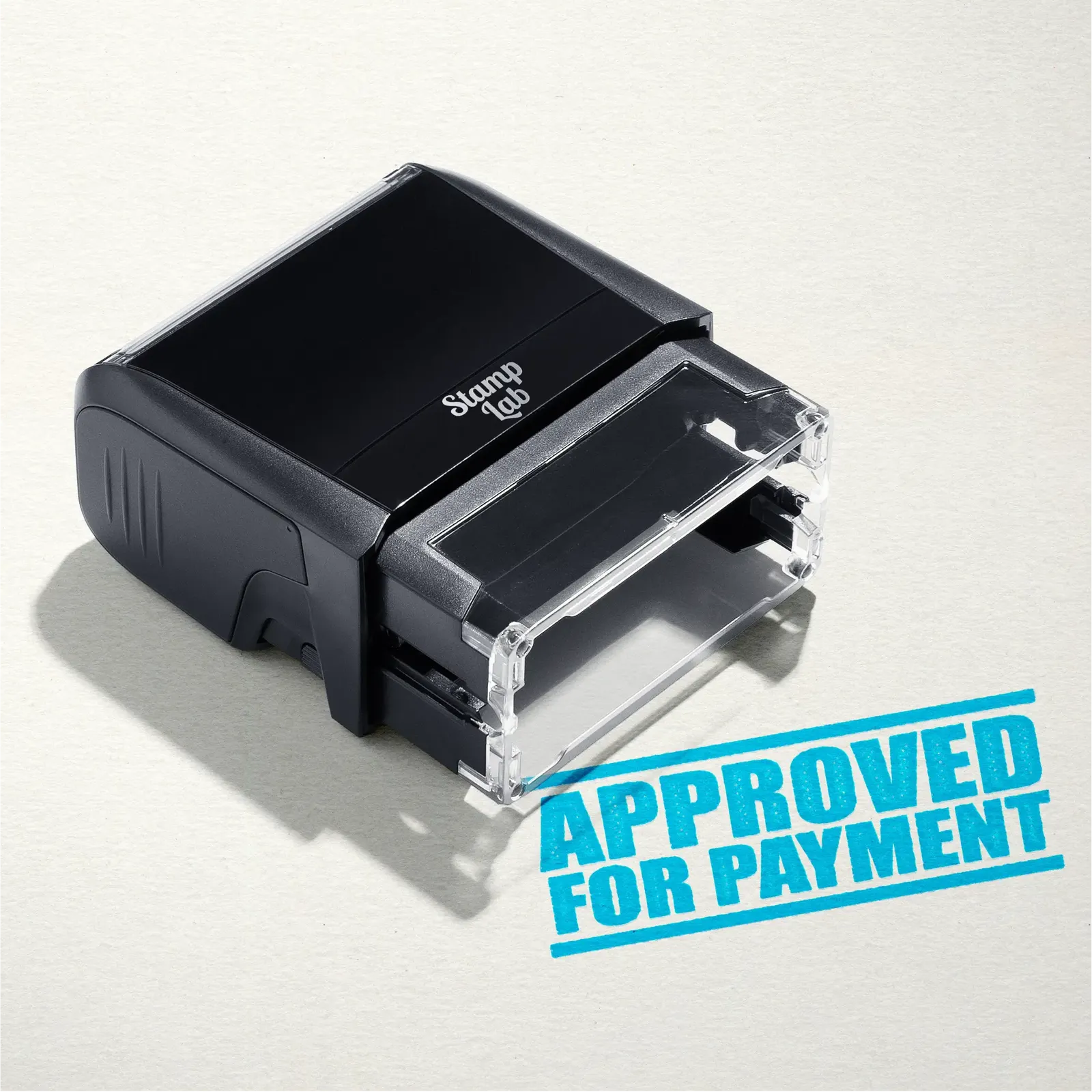 mock up design or lifestyle image of 'Approved For Payment' rubber stamp turquoise ink in paper background stampers hand stamp office business inventory documents