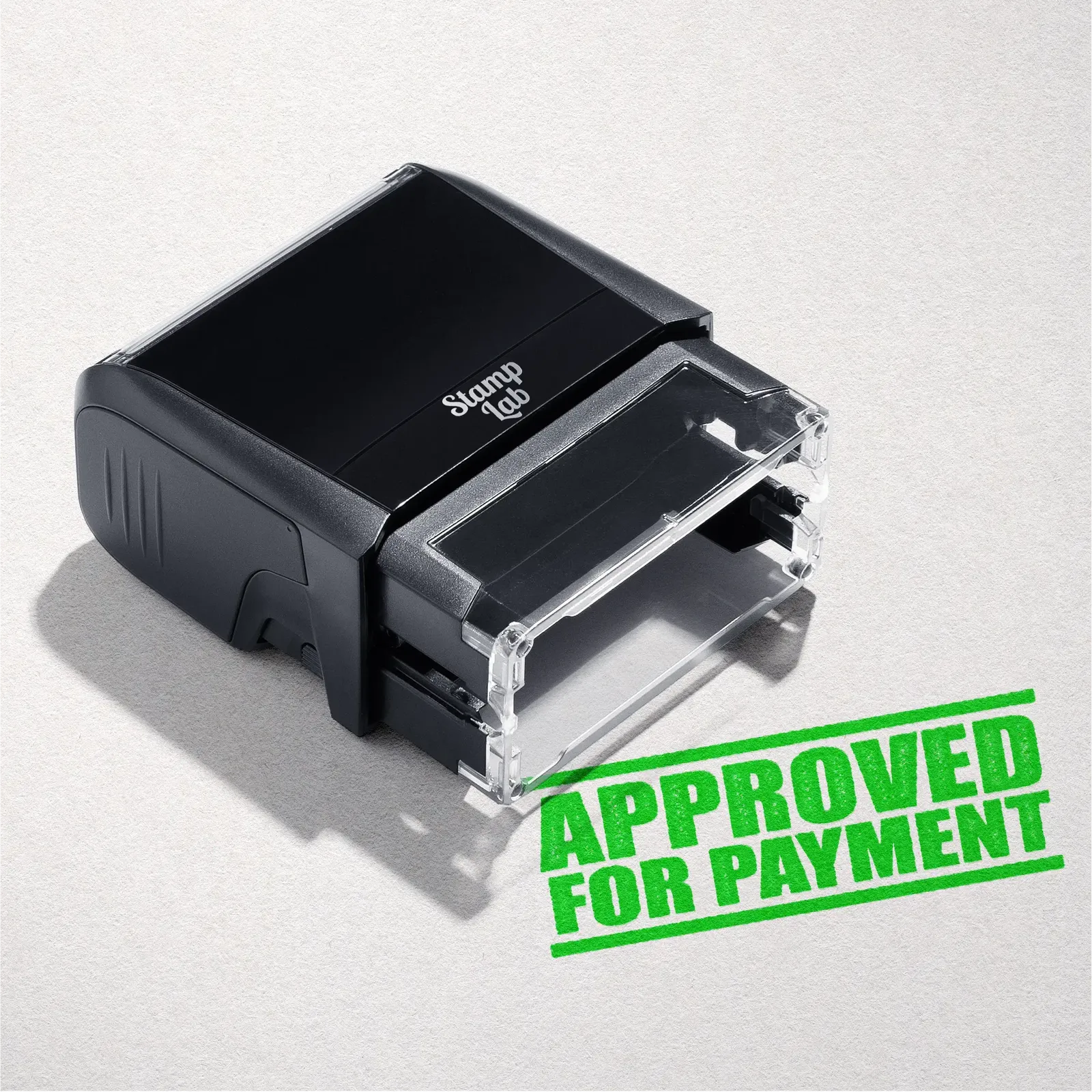 mock up design or lifestyle image of 'Approved For Payment' rubber stamp apple green ink in paper background stampers hand stamp office business inventory documents