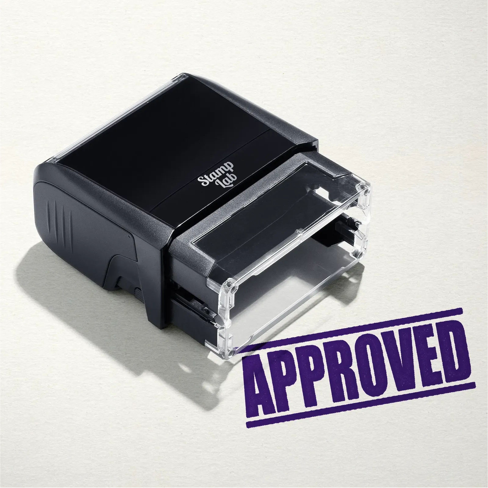 "Mock up design or lifestyle image of 'APPROVED' rubber stamp violet ink in paper background stampers hand stamp office business inventory documents violet/purple
"