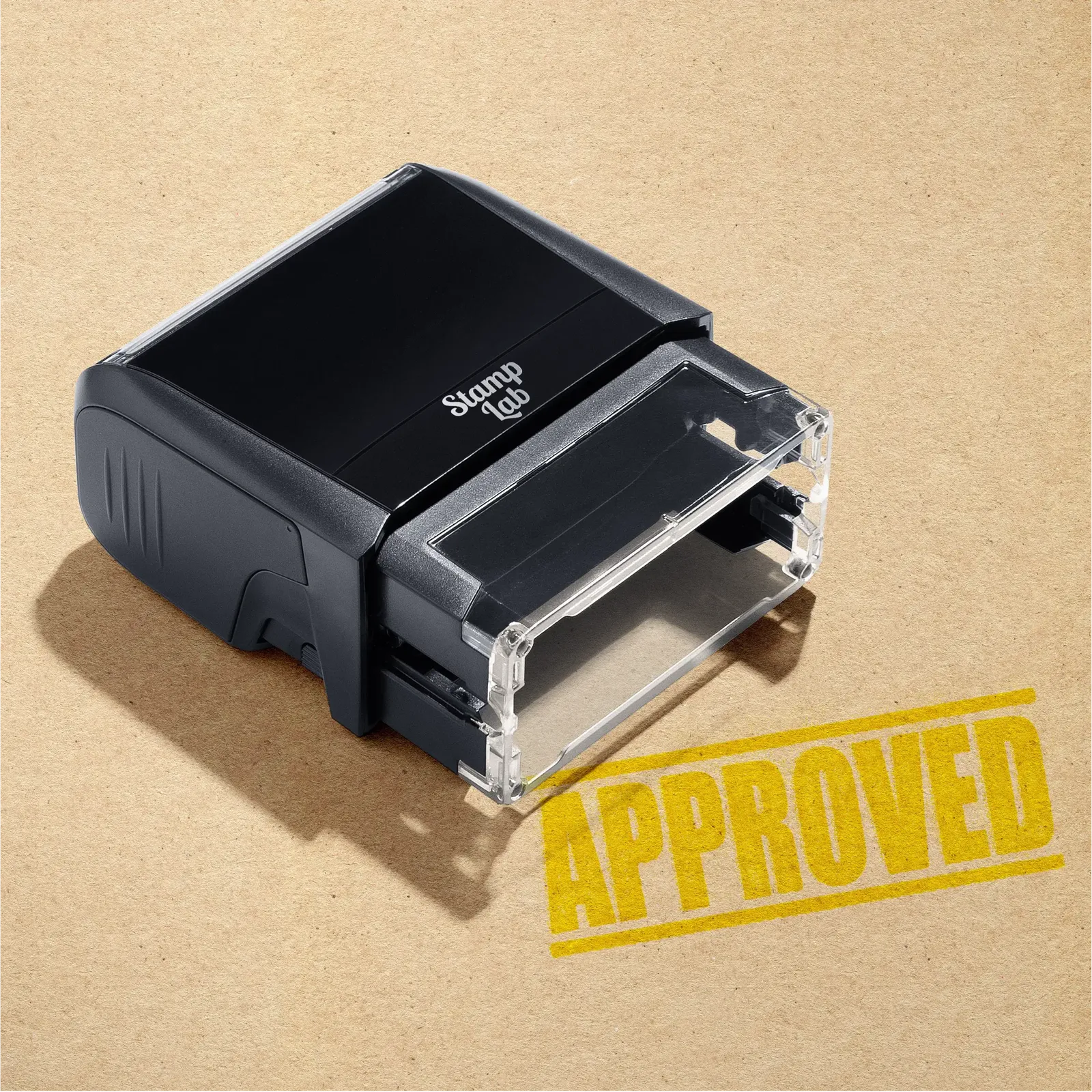 "Mock up design or lifestyle image of 'APPROVED' rubber stamp yellow ink in paper background stampers hand stamp office business inventory documents yellow
"