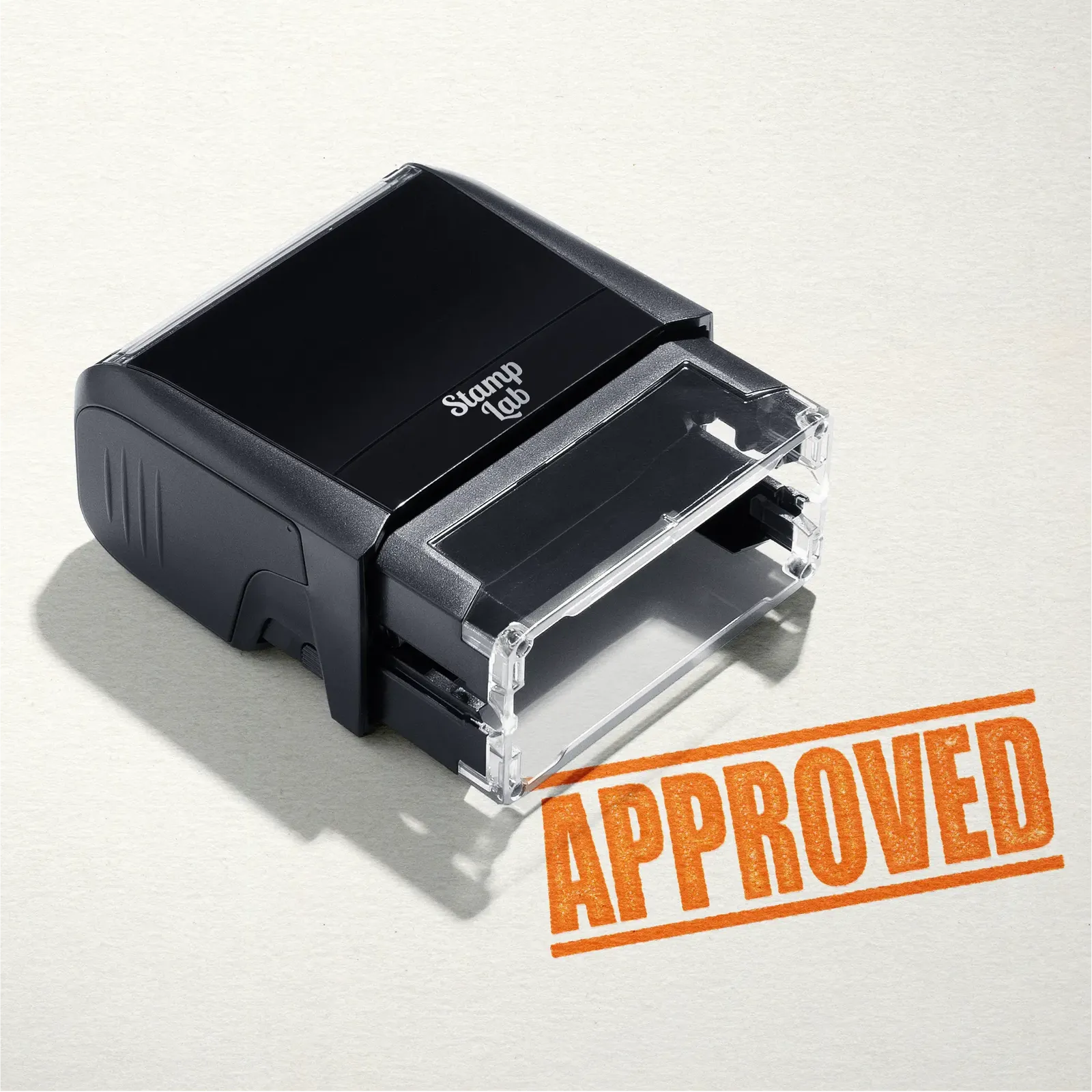 "Mock up design or lifestyle image of 'APPROVED' rubber stamp orange ink in paper background stampers hand stamp office business inventory documents orange
"