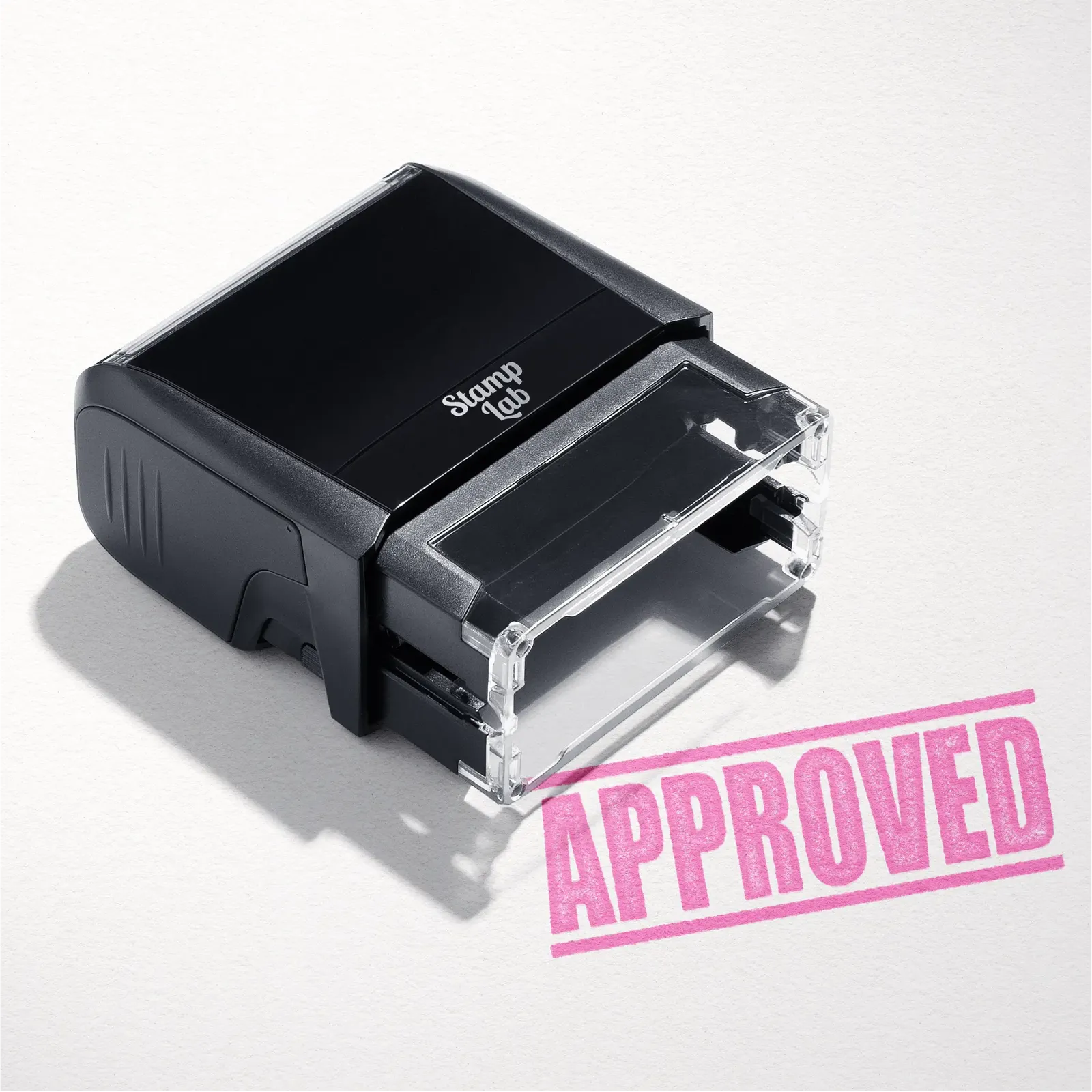 "Mock up design or lifestyle image of 'APPROVED' rubber stamp pink ink in paper background stampers hand stamp office business inventory documents pink
"