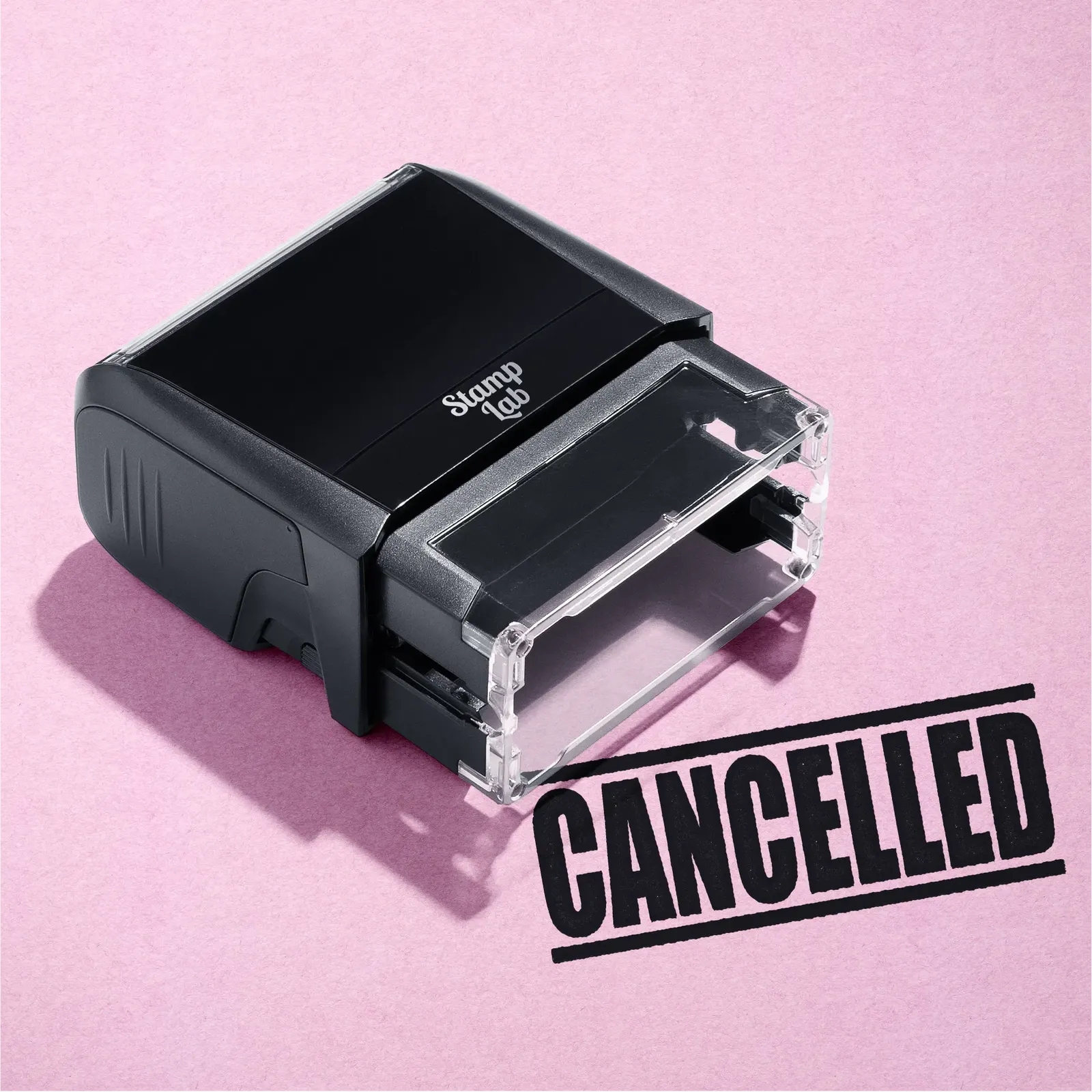 mock up design or lifestyle image of 'Cancelled' rubber stamp black ink in paper background stampers hand stamp office business inventory documents self inking prefill refillable stamps stamping