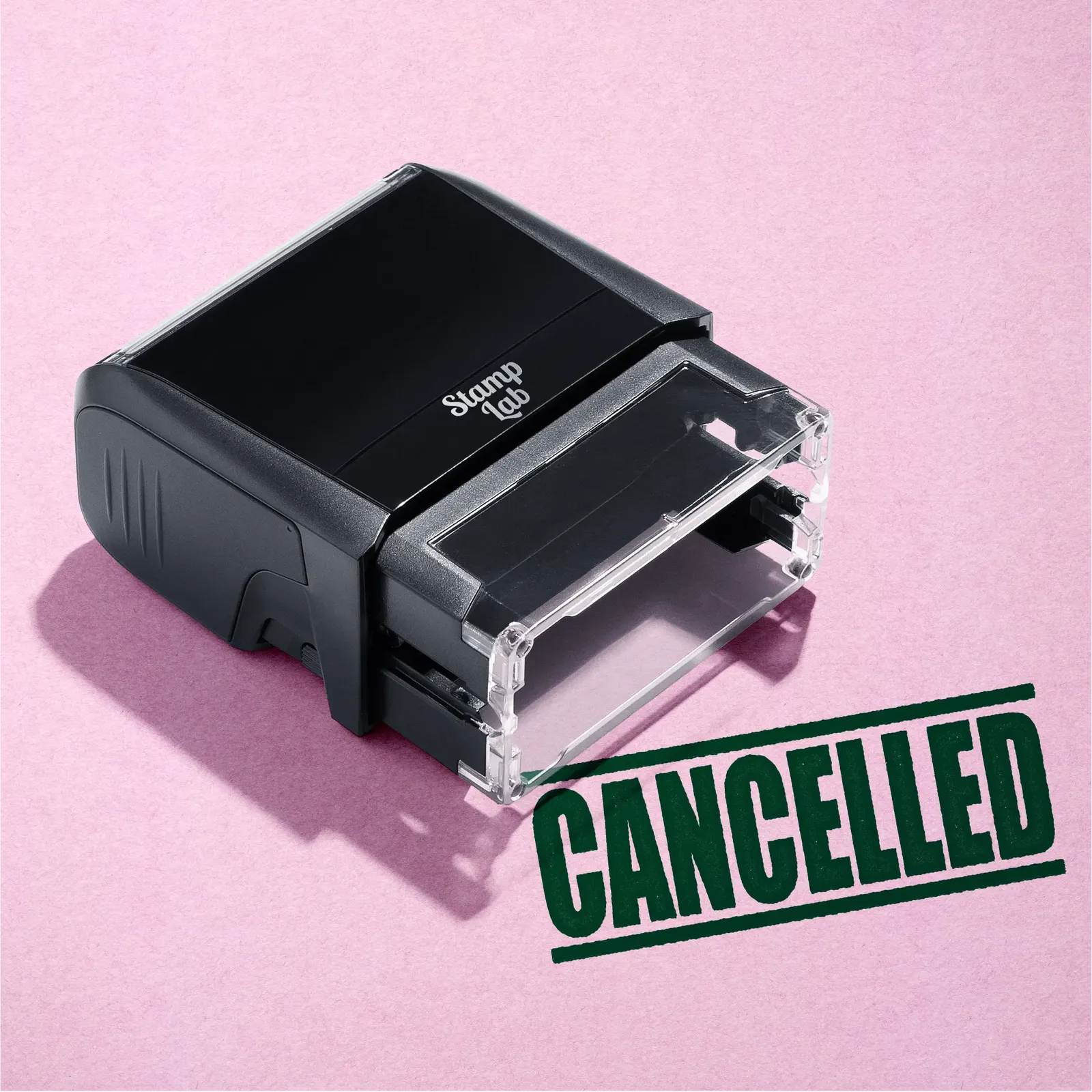 mock up design or lifestyle image of 'Cancelled' rubber stamp green ink in paper background stampers hand stamp office business inventory documents self inking prefill refillable stamps stamping