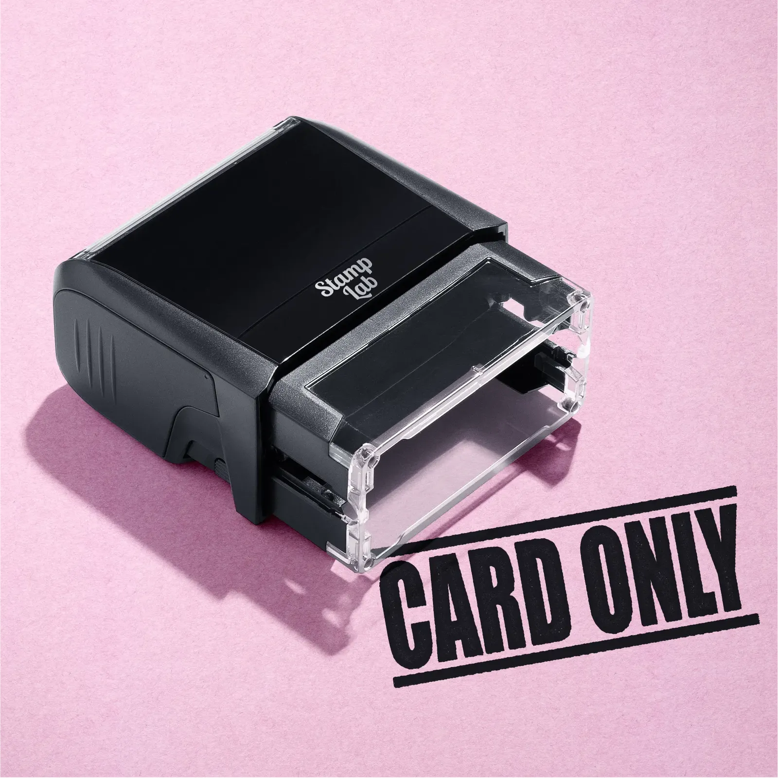 mock up design or lifestyle image of 'Card Only' rubber stamp black ink in paper background stampers hand stamp office business inventory documents
