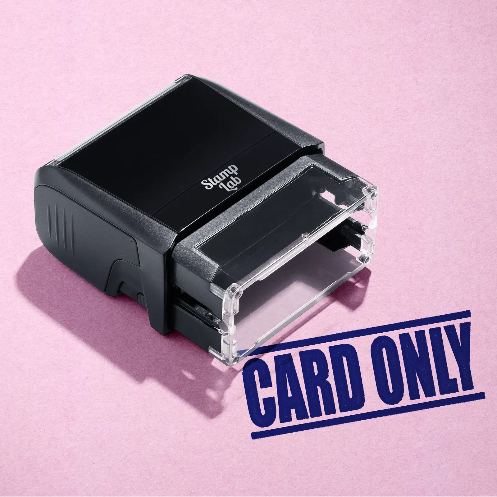 mock up design or lifestyle image of 'Card Only' rubber stamp blue ink in paper background stampers hand stamp office business inventory documents