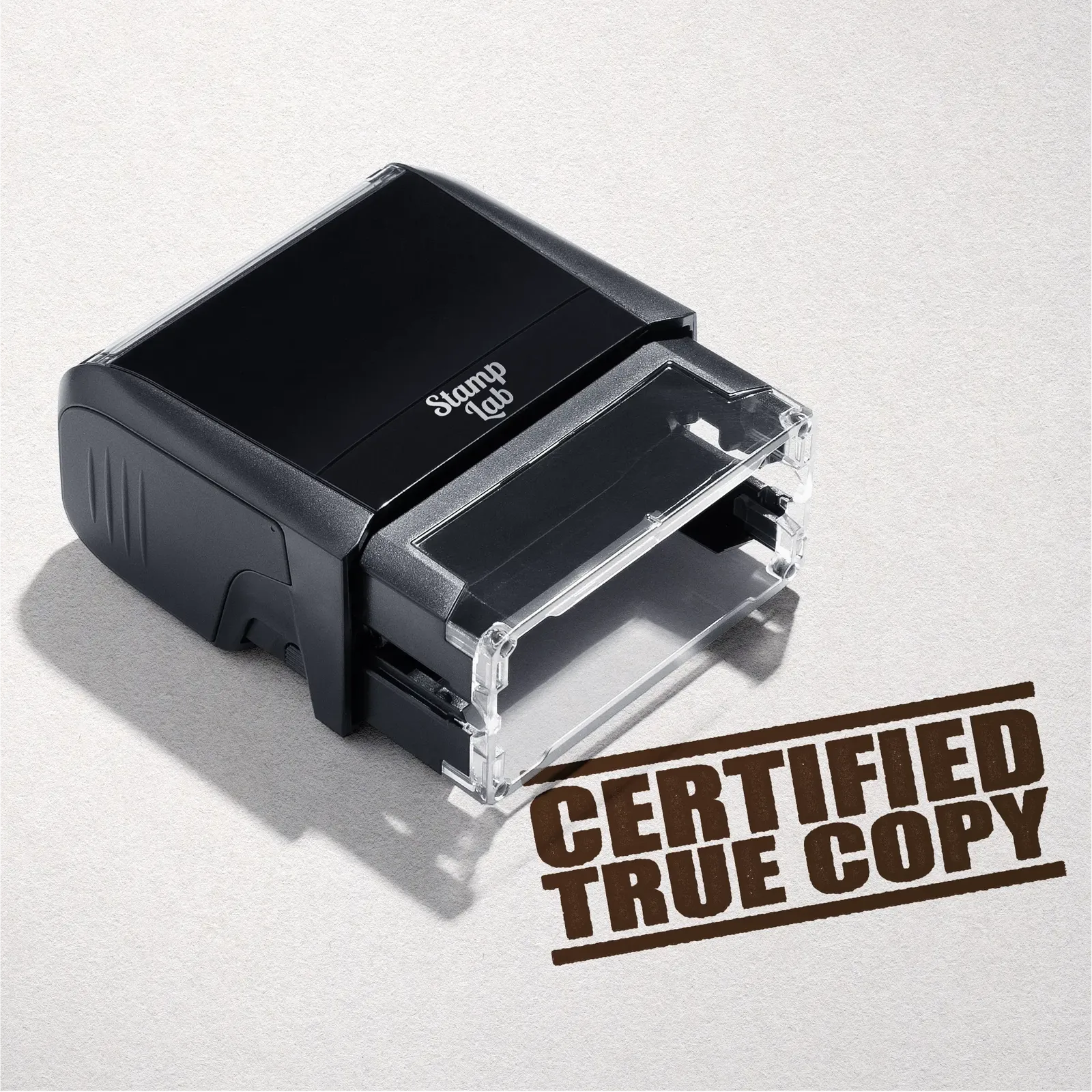 mock up design or lifestyle image of 'Certified True Copy' rubber stamp brown ink in paper background stampers hand stamp office business inventory documents self inking prefill refillable stamps stamping