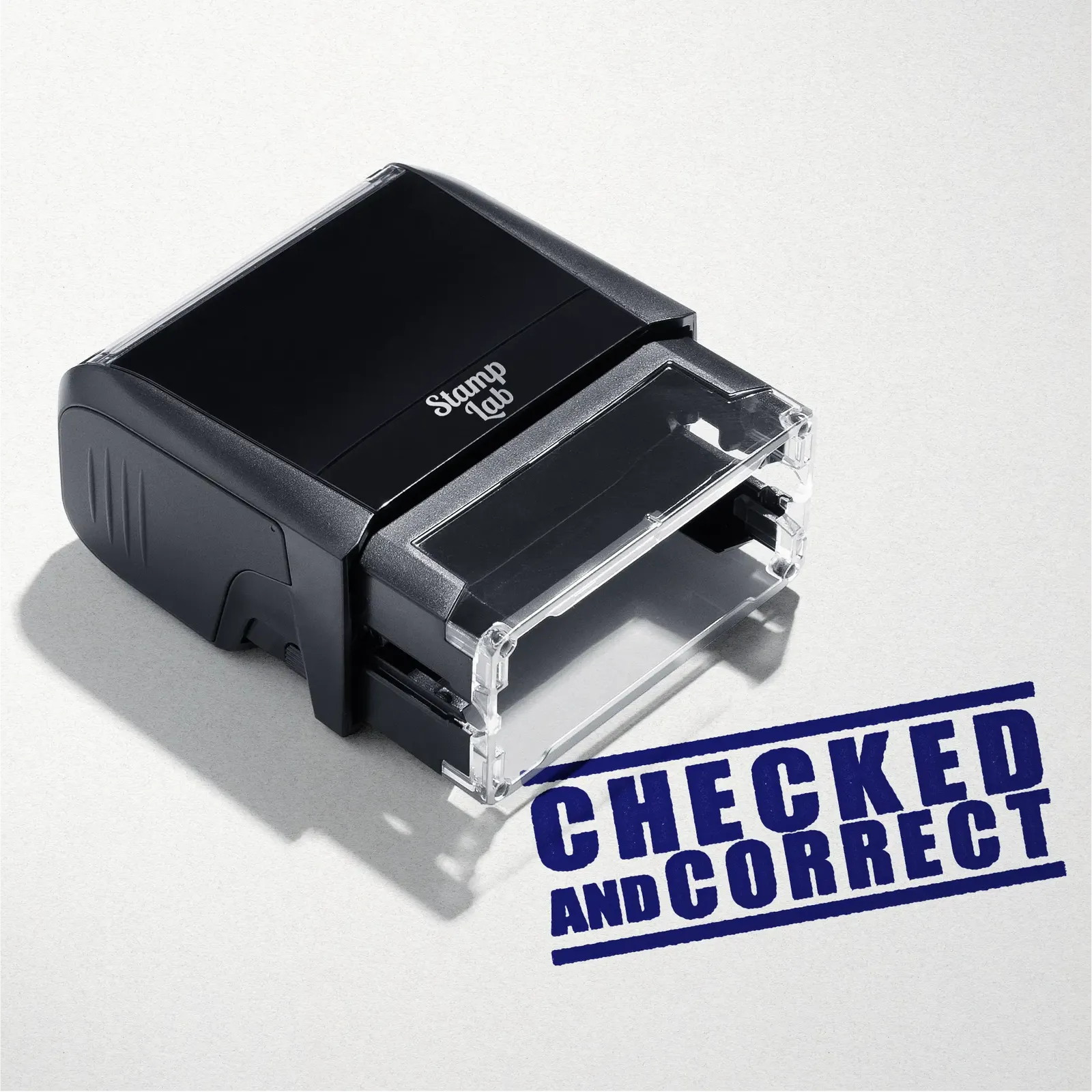 Black stamp with text 'Checked and Correct' in Blue ink