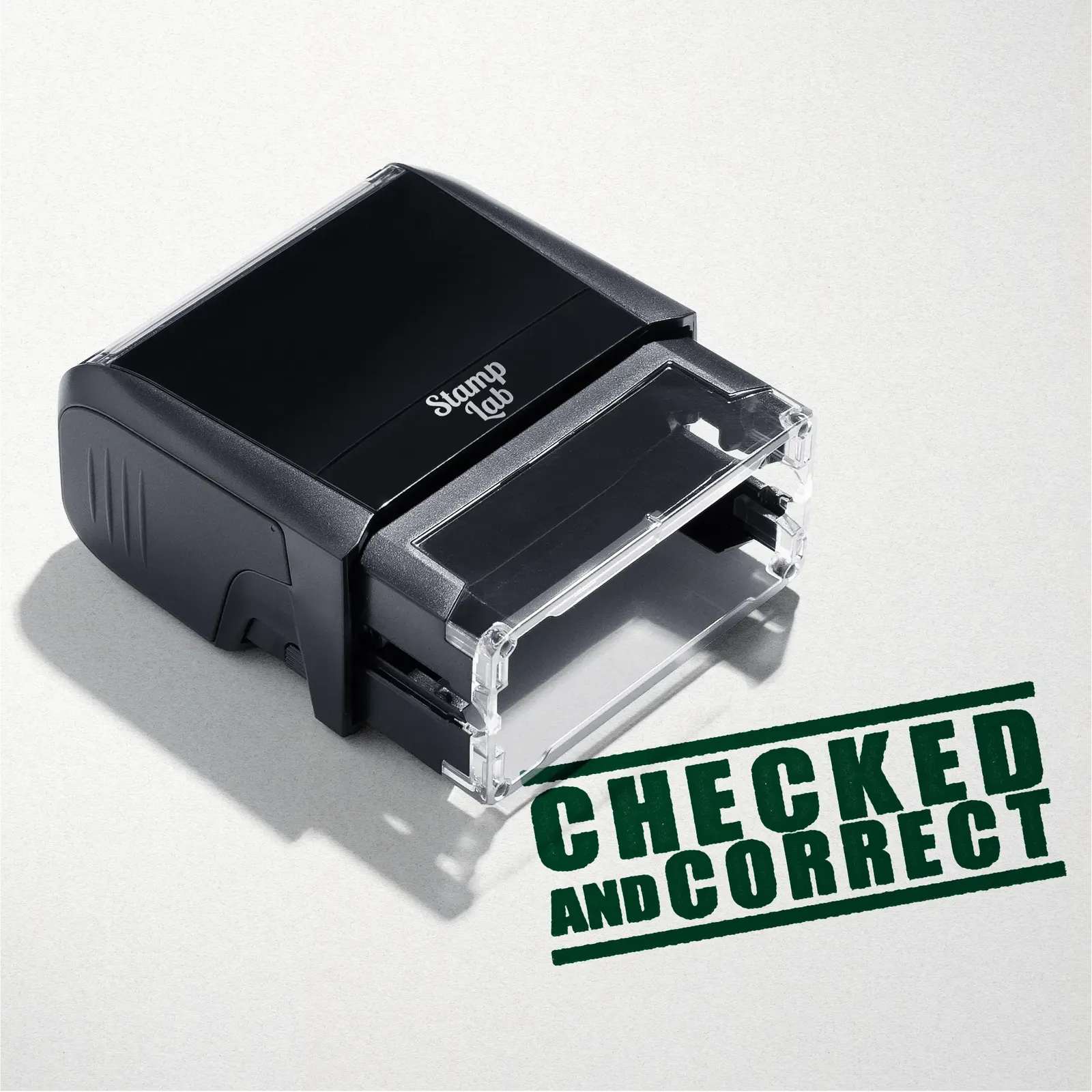 Stamp with green text 'Checked and Correct' design.