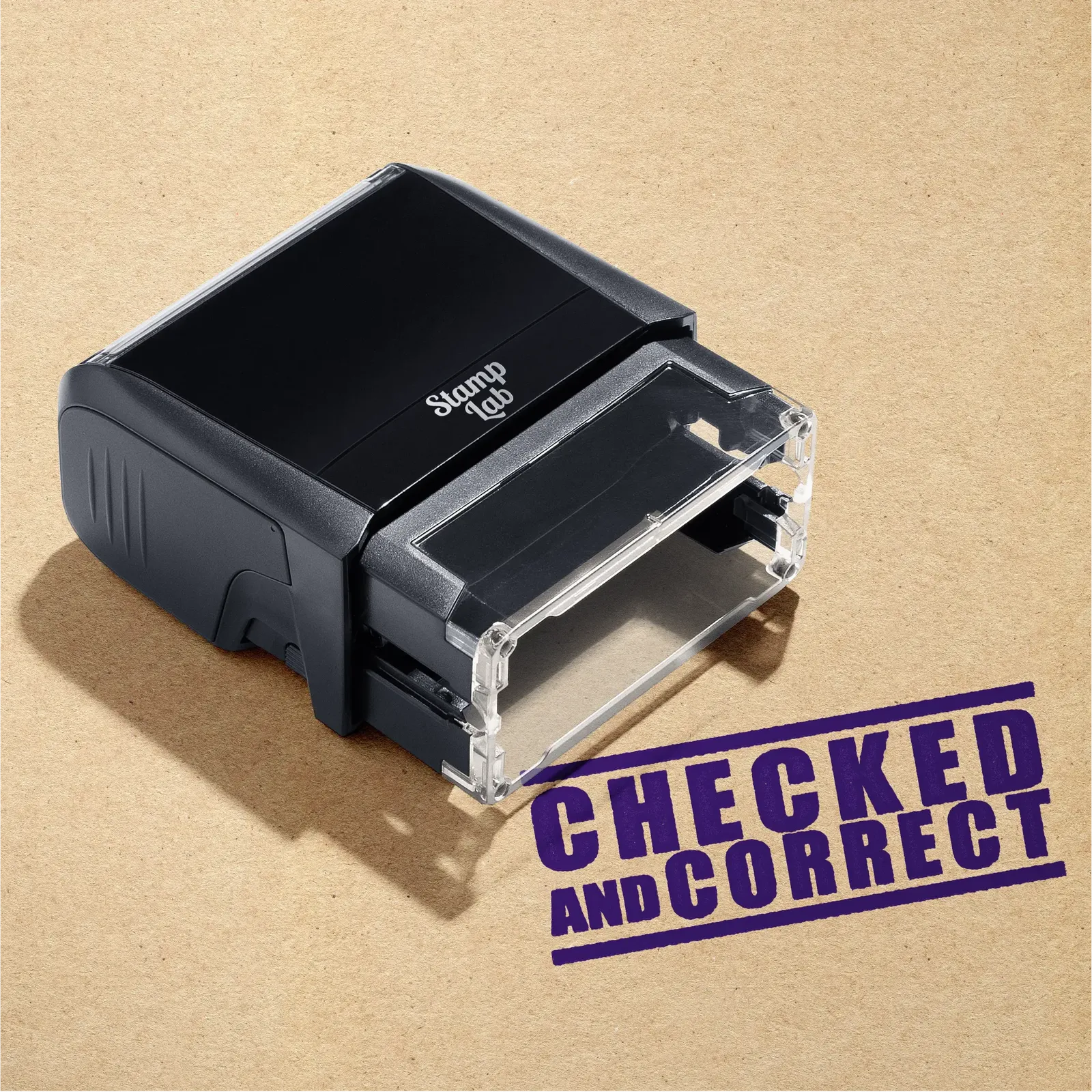 Self-inking Checked and Correct rubber stamp in Violet ink