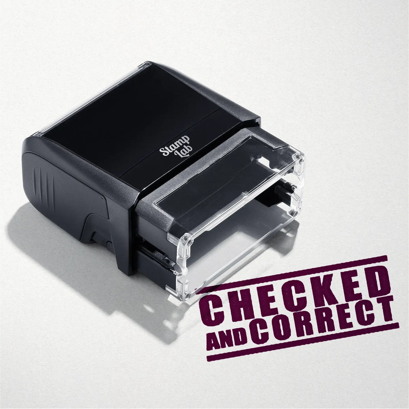 self-inking stamp with 'Checked and Correct' text stamp in Maroon ink