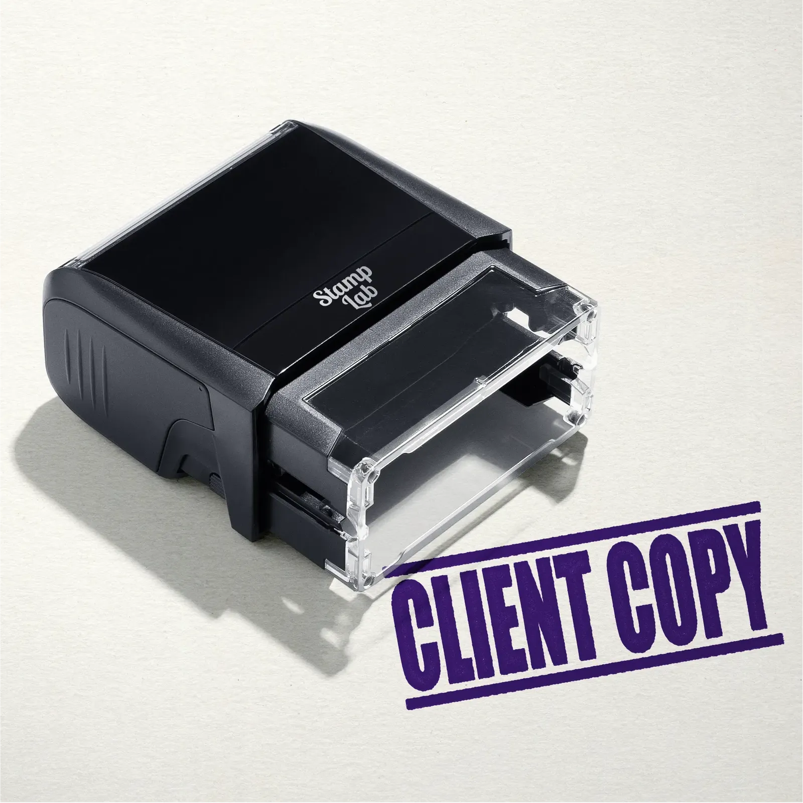"Mock up design or lifestyle image of 'CLIENT COPY' rubber stamp violet ink in paper background stampers hand stamp office business inventory documents violet/purple
"