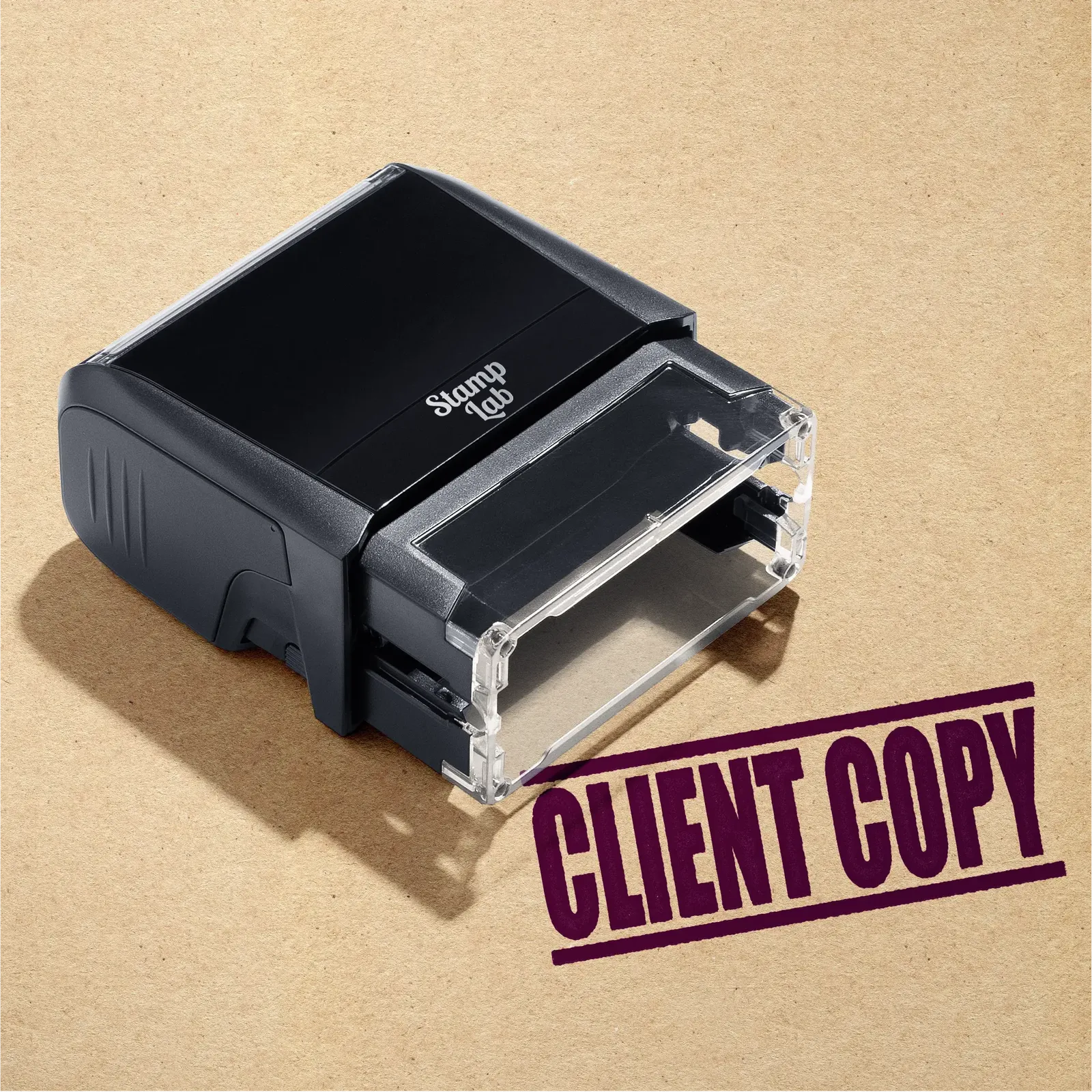 "Mock up design or lifestyle image of 'CLIENT COPY' rubber stamp maroon ink in paper background stampers hand stamp office business inventory documents maroon
"